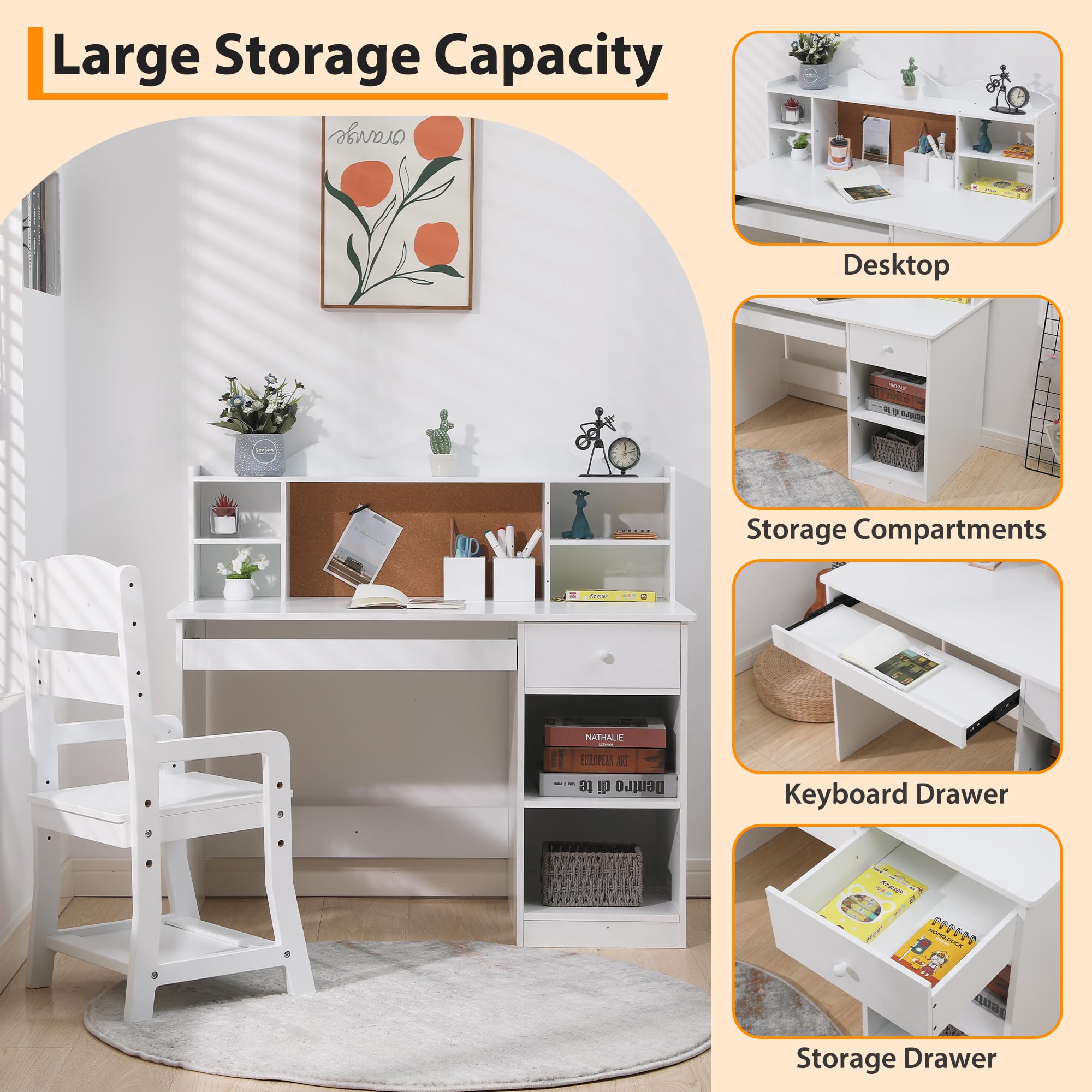 Garvee Study Desk and Chair Set, Learning Desk for Kids - Features Bulletin Board, Keyboard Drawer, Open Shelves and Storage Space- Perfect for Children Ages 3-8