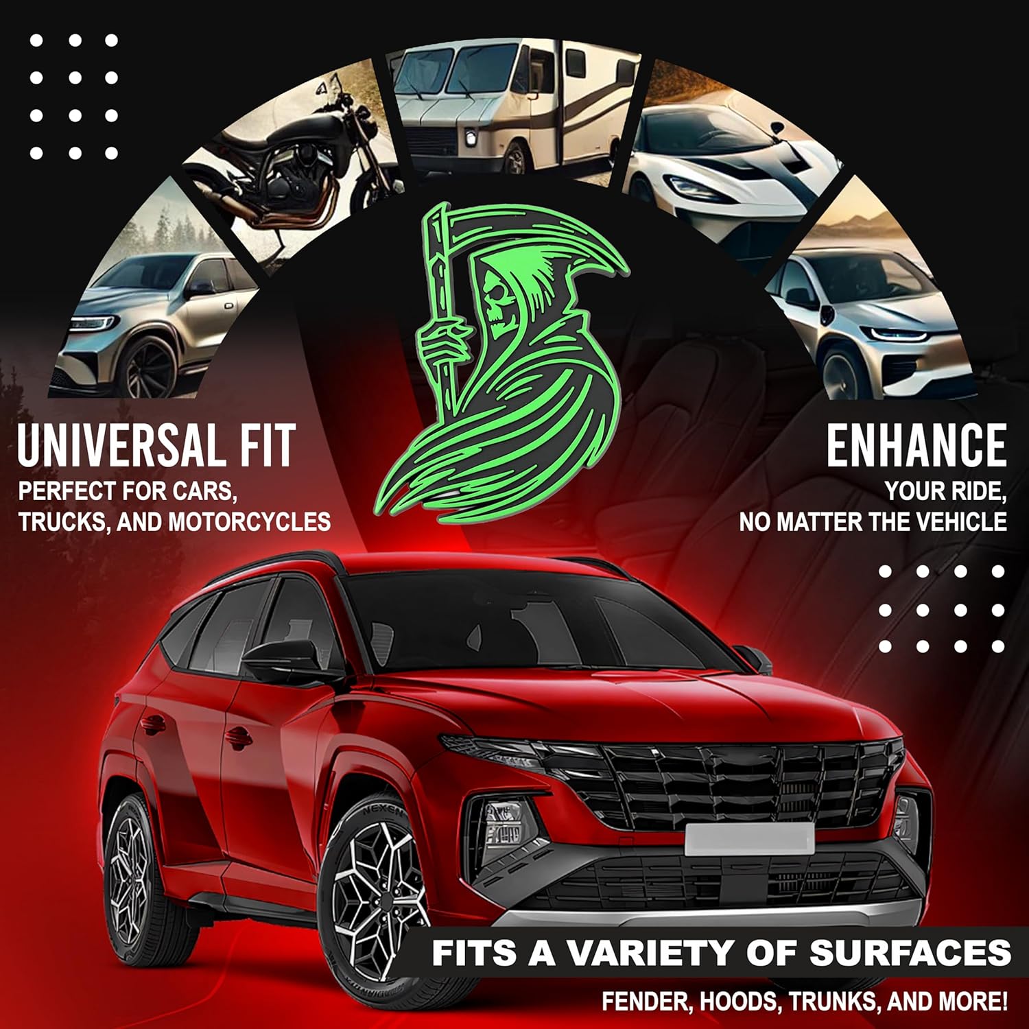 Grim Reaper Emblem 3D Skull Badge – Custom Car Decal Sticker for Car, Truck, SUV – Durable Exterior Trunk, Hood, Fender (Set of 2) (Green)