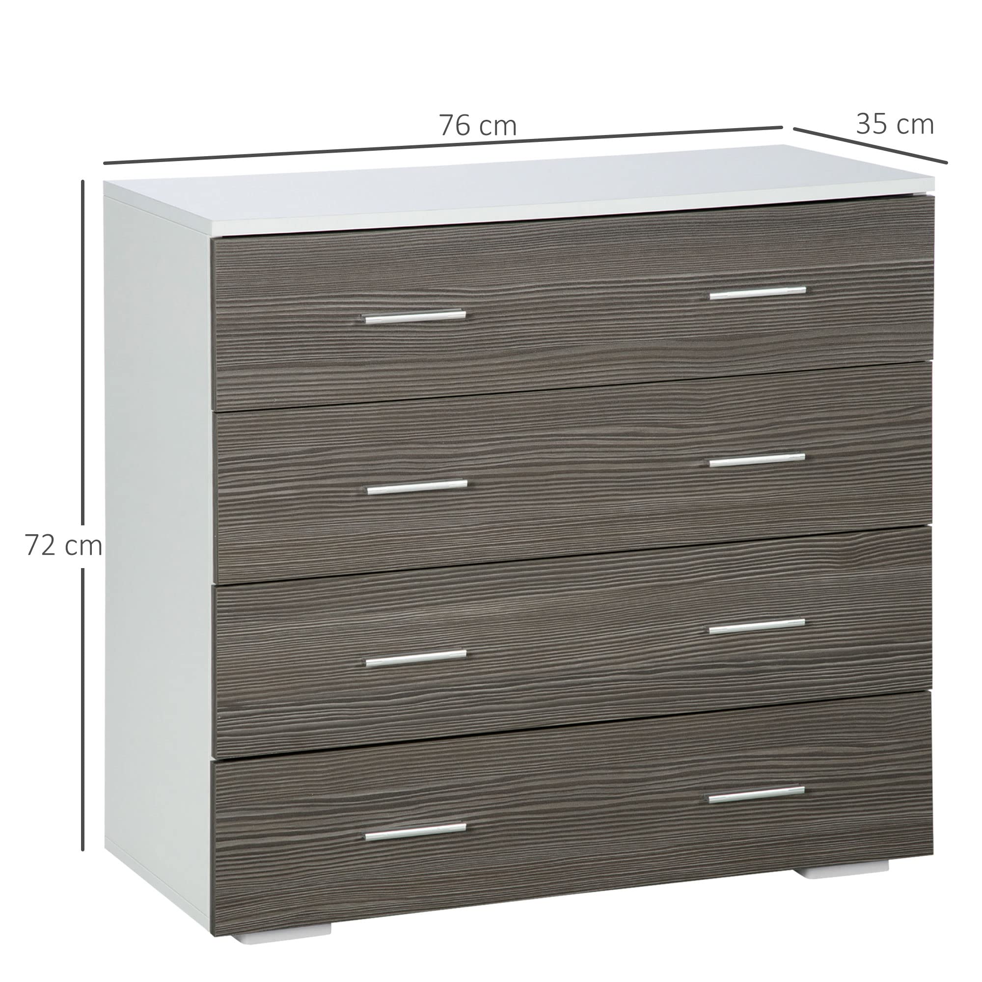 HOMCOM Cómoda 4 Cajones, Cómoda Dormitorio, Cajonera para Salón, Oficina, Pasillo, Estilo Moderno, 76x35x72 cm, Gris Veteado y Blanco