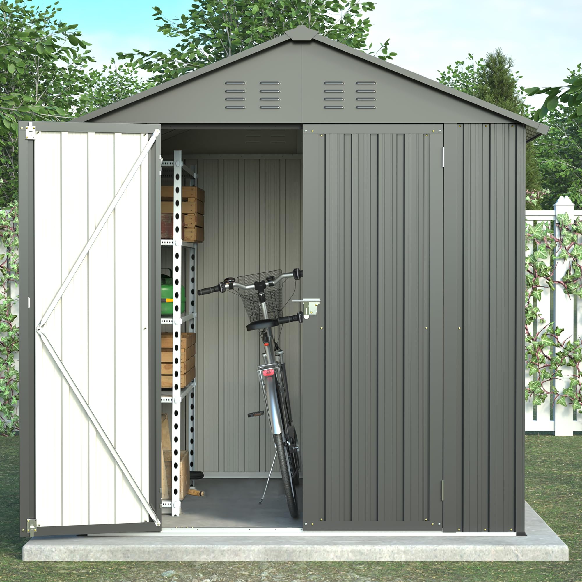 Condition photo showing New/Like New for thanaddo 6x6 ft metal outdoor storage shed,metal steel utility tool shed storage house with window and floor kit for backyard garden patio lawn black