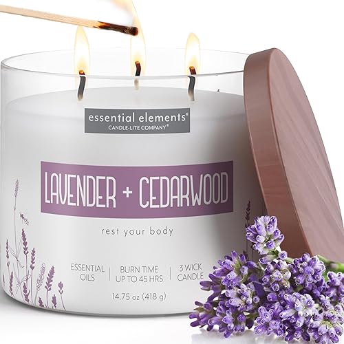 Candle-lite Essential Elements Scented Candles, Lavender & Cedarwood, 14.75 oz Jar, Proudly Poured in the USA, Aromatherapy, 3-Wick with 45 Hours of Burn Time, Perfect for Creating a Relaxing Ambiance - Lavender & Cedarwood (NEW)