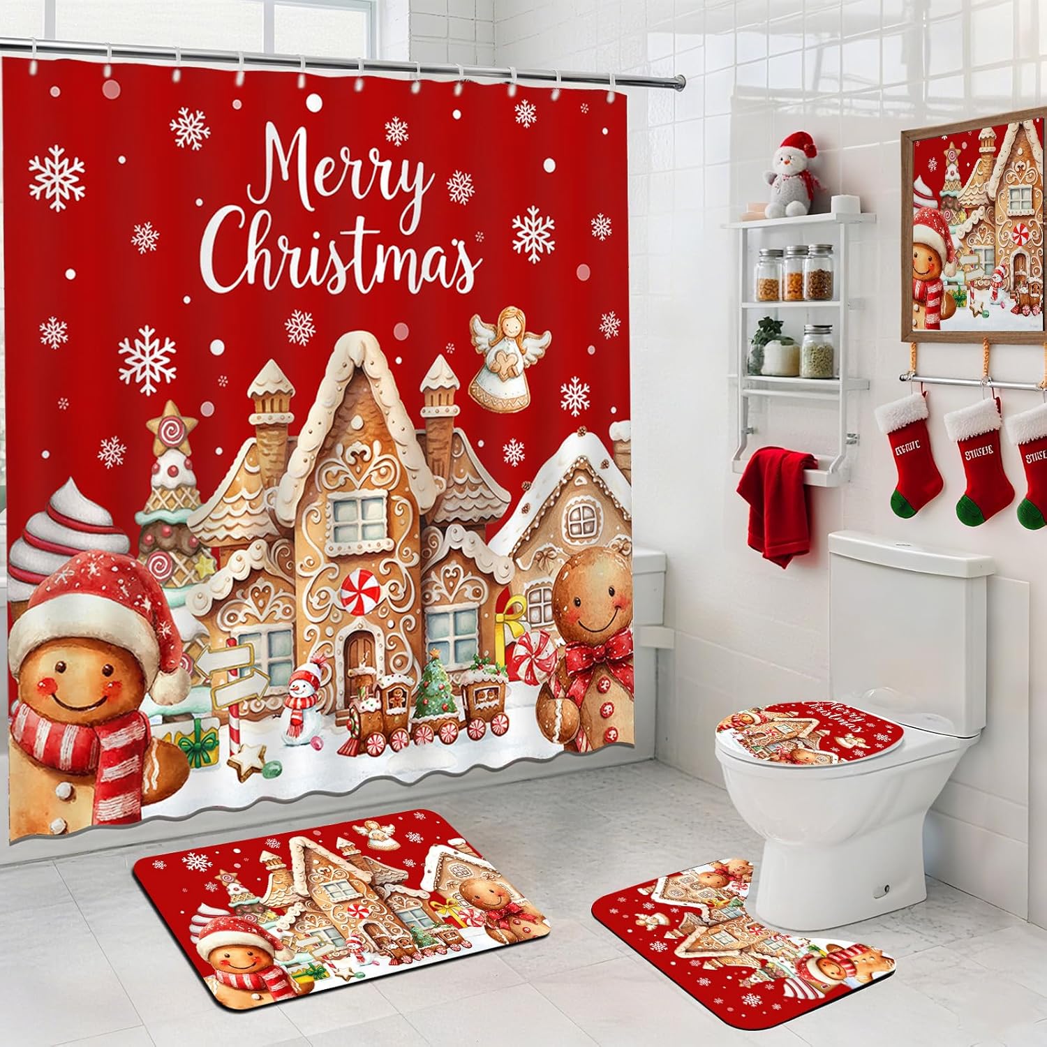 Mocsicka 4Pcs Christmas Shower Curtain Set, Cute Red Xmas Gingerbread-Man Shower Curtain Set with Non-Slip Washable Bath Rugs, Toilet Lid Cover Gingerbread House Christmas Bath Decor Accessory