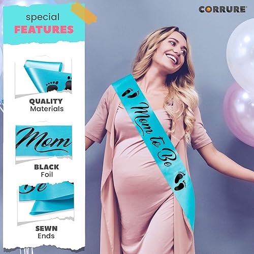 Miniatura 5 de CORRURE Baby Shower Mom to Be - Faja para niño o niña - Hermosa cinta azul y texto de lámina negra - Revelación de género ideal recuerdos de baby