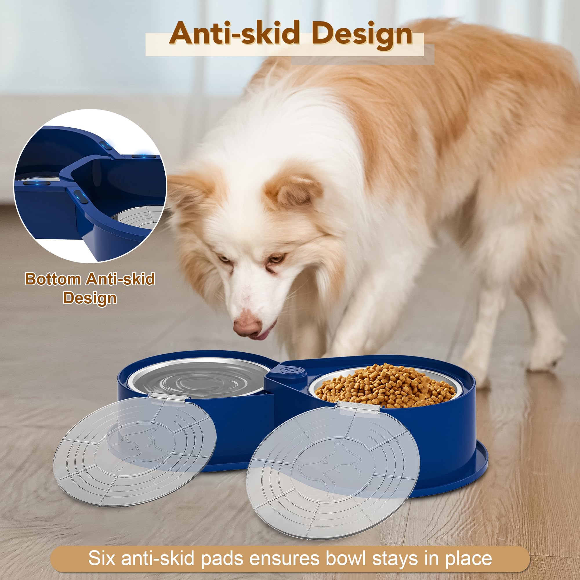 Cuenco doble de acero inoxidable para mascotas con tapa, gran capacidad, perros y gatos, color azul