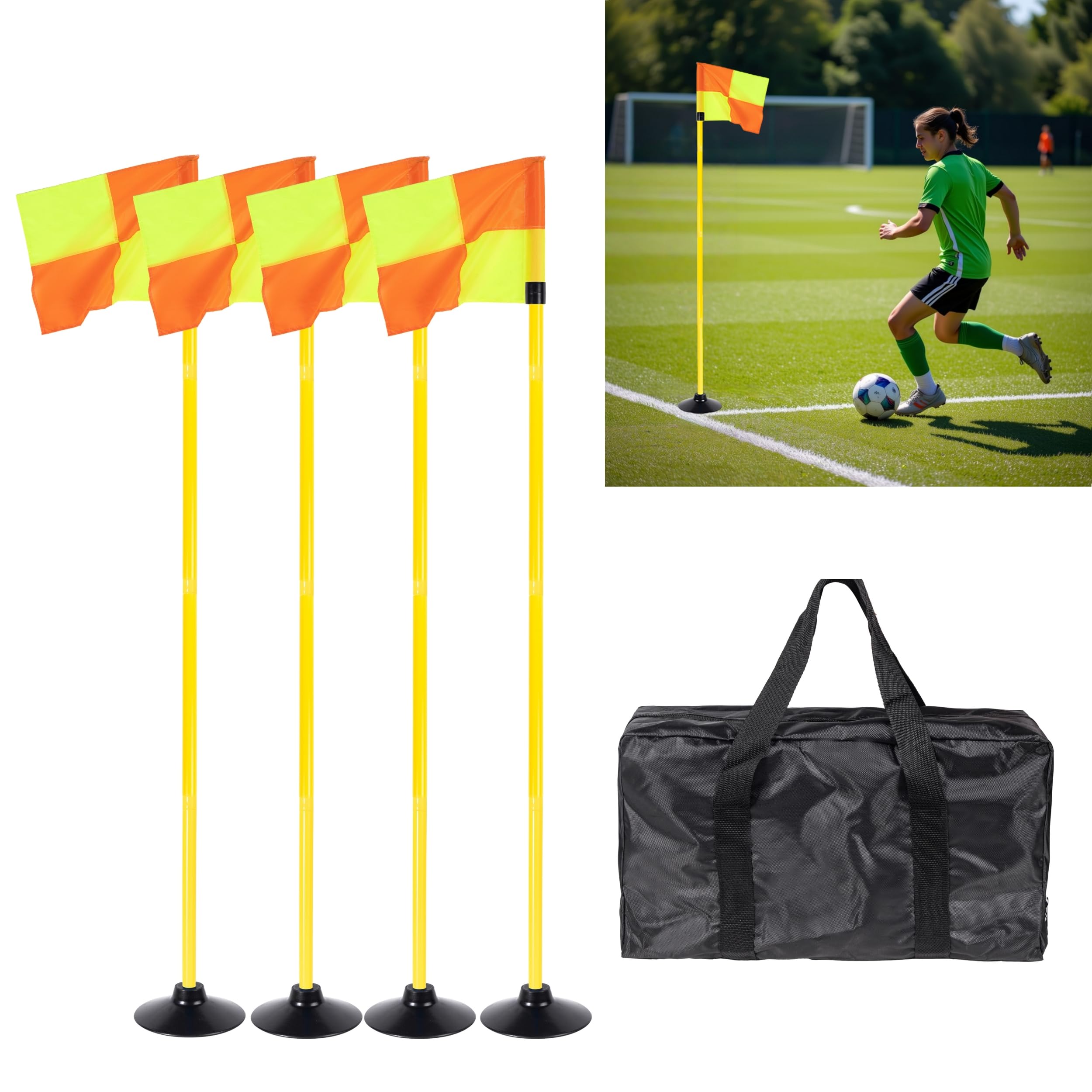 Soccer Corner Flags Set of 4 for Soccer Field, 5FT Agility Training Poles with Corner Flags, Portable Speed and Agility Training Equipment for Sports Practice(Including Rubber Base and Storage Bag)