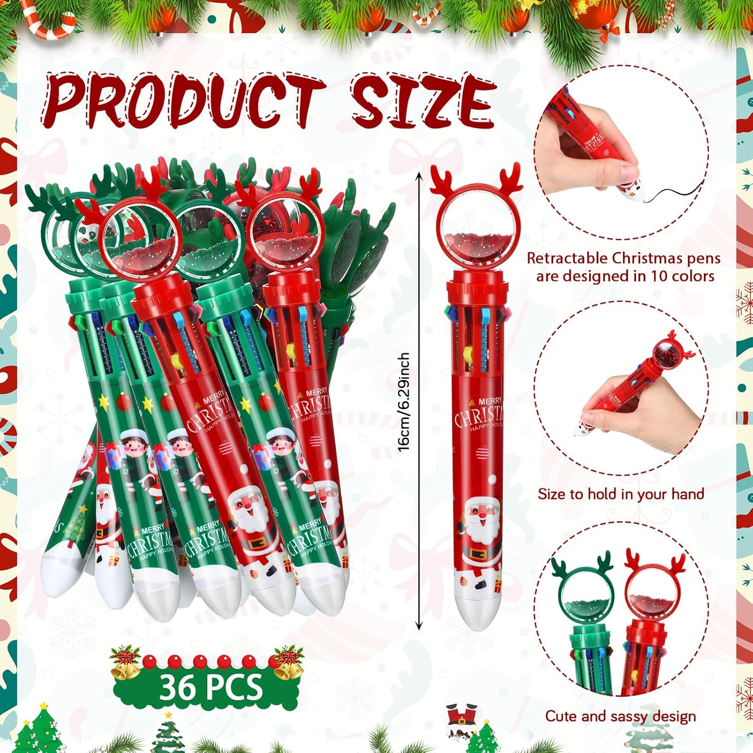 Fulmoon 72 Pcs Christmas Pens Card Set 10 in 1 Multicolor 6 Color Retractable Pen Christmas Greeting Gift Xmas Tree Ballpoint Cute Marker Pen Cartoon Card for Adults Gift