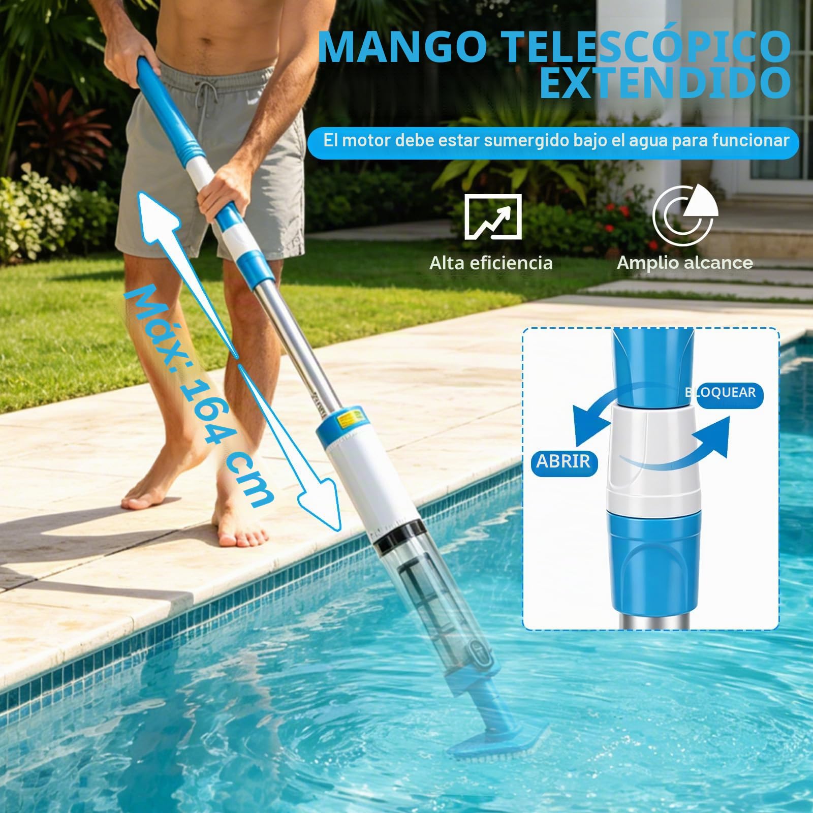 Aspirador de piscina inalámbrico con batería de 1600 mAh, 3 cabezales, máx. 165 cm | Limpiador de piscina portátil con barra de extensión, filtro, aspiradora para piscina, jacuzzi y piscina infantil