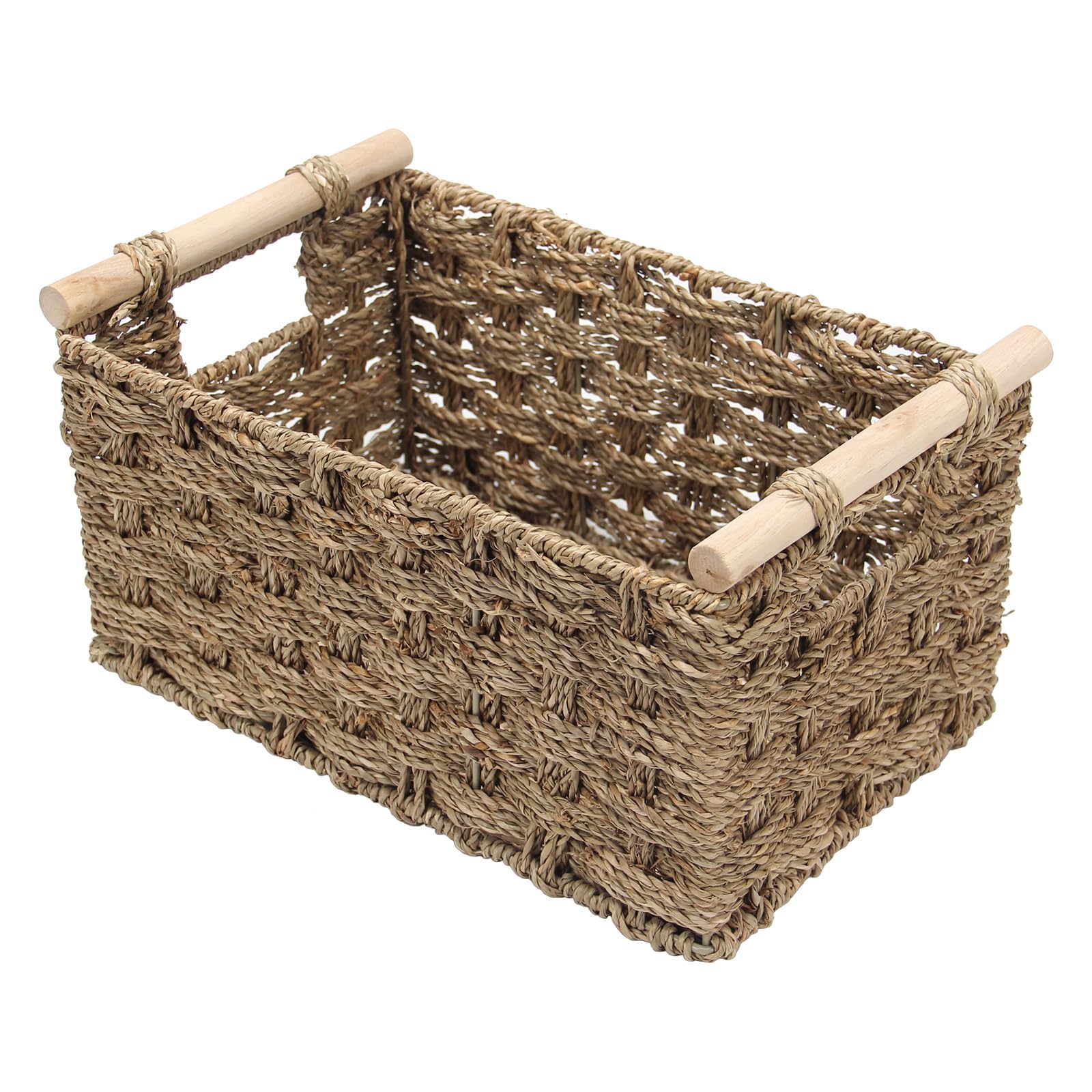 Weidenkorb zur Aufbewahrung Handgeflochtener Rechteck-Eimer aus Natürlichem Rattan mit Hölzernen Griffen Dekorative Regal Körbe für Pantry Badezimmer Regal Veranstalter (Seegras)