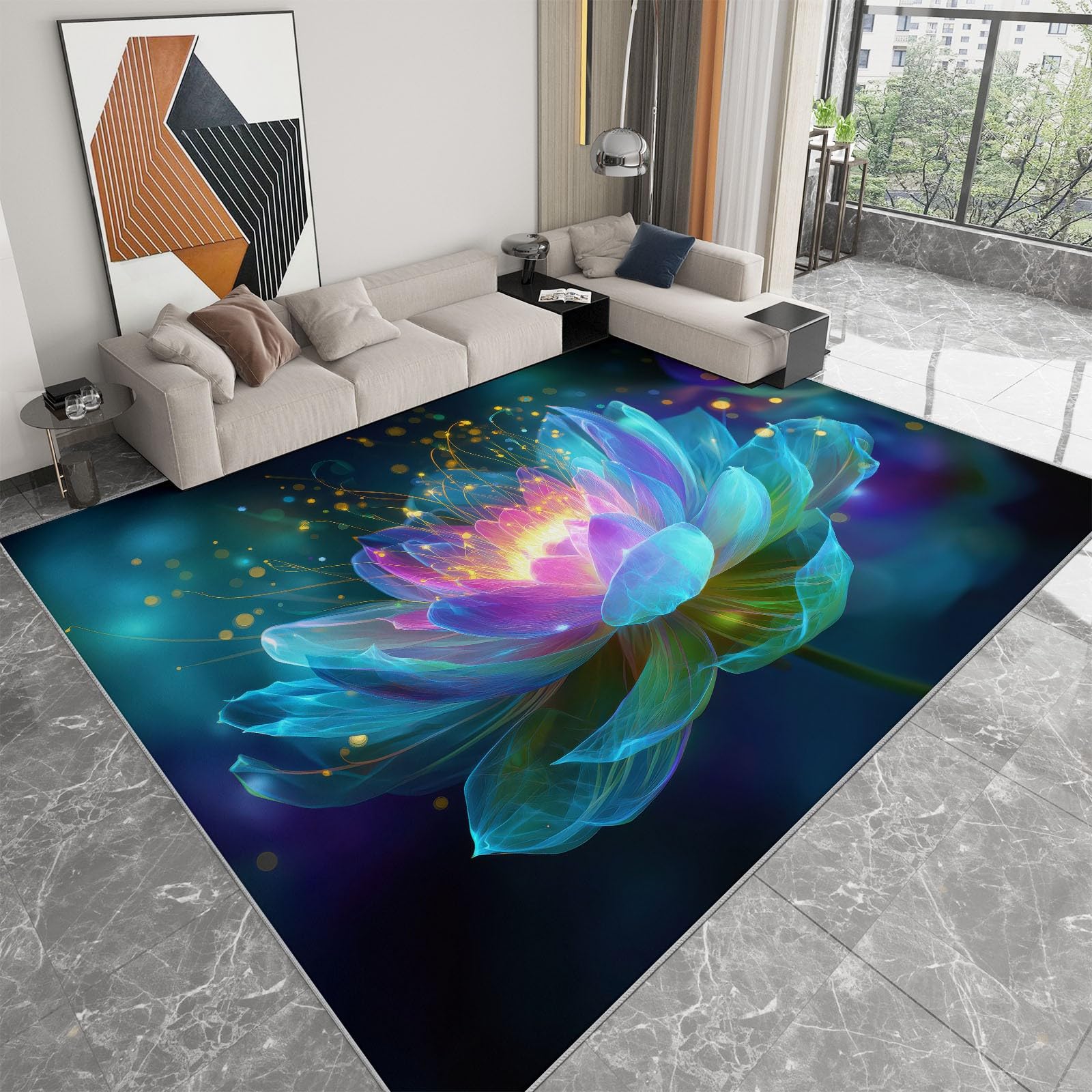 Teppich Wohnzimmer Farbenfroher Lotus 140x200cm Waschbare Kurzflor Teppiche Großer rutschfest Carpet, für Schlafzimmer, Büro, Kinderzimmer Druck Teppich