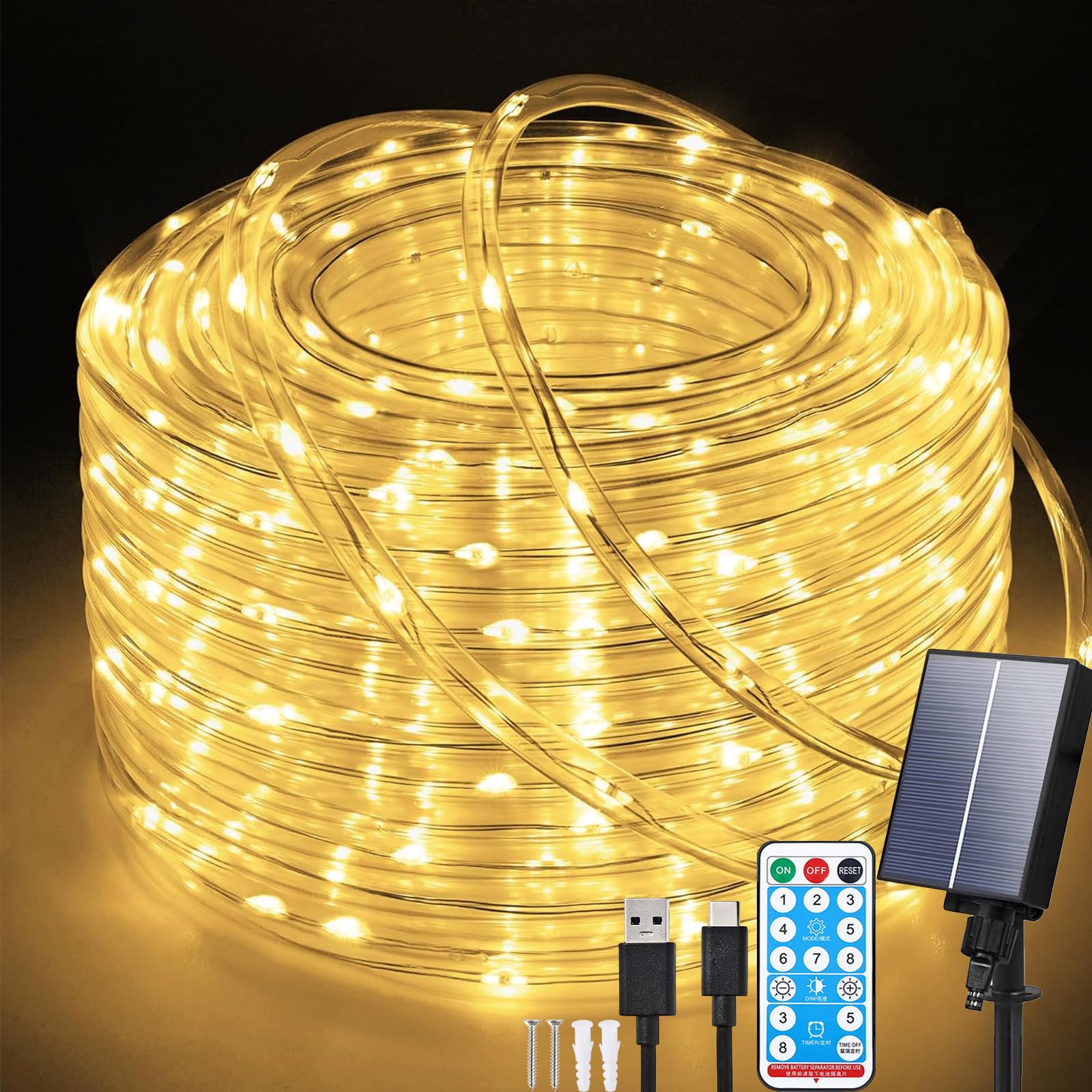 Aofonchy Solar LED Rope Lights Outdoor, 66Ft 200 LEDs Waterproof Tube String Lights with 8 Modes & Remote Control