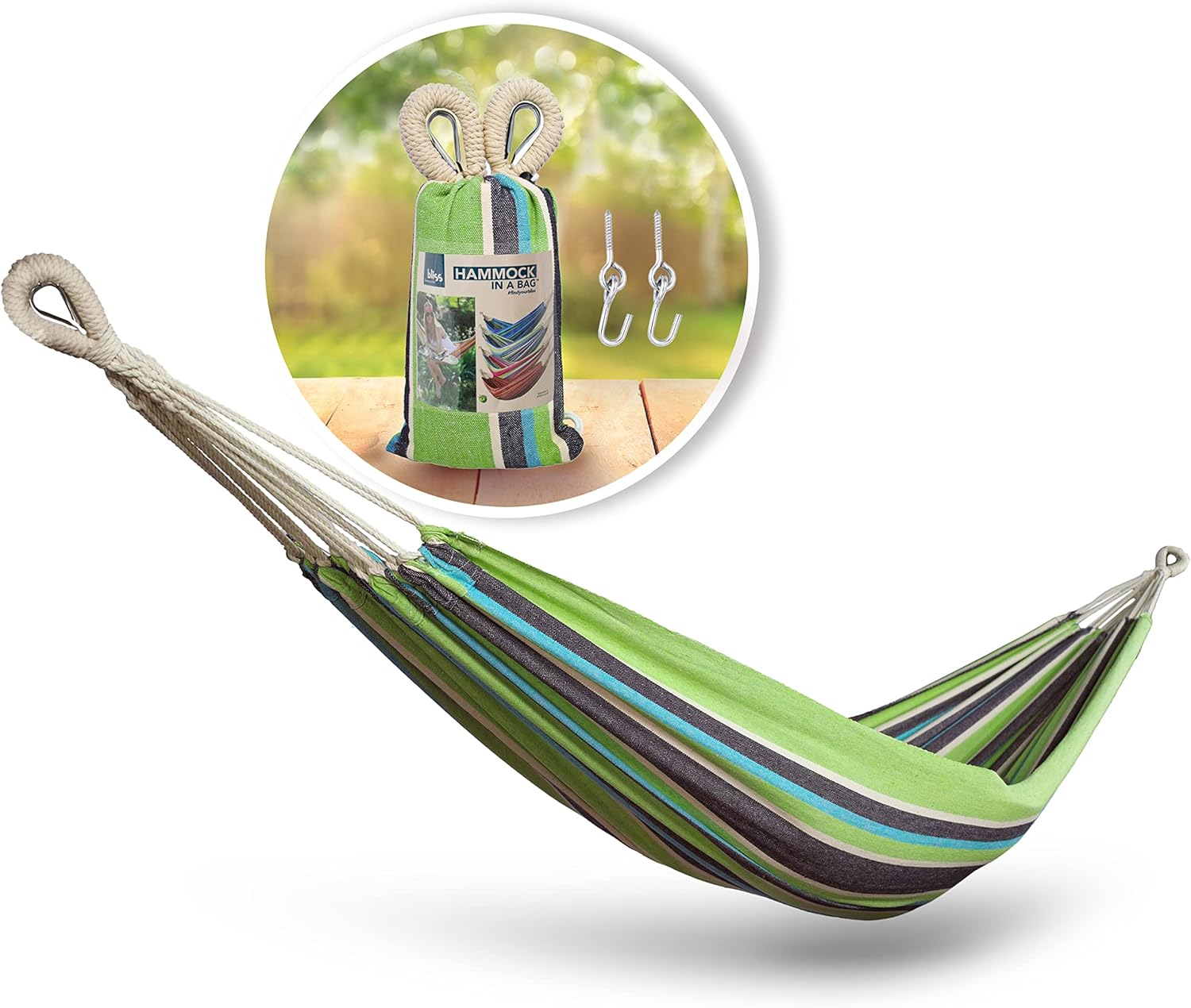Bliss Hammocks BH-400-CC 40 Wide Hammock w/Hand-Woven Rope Loops & Hanging Hardware, Outdoor, Patio, Backyard Durable, Cotton and Polyester Blend, 220 Lbs Capacity, Country Club