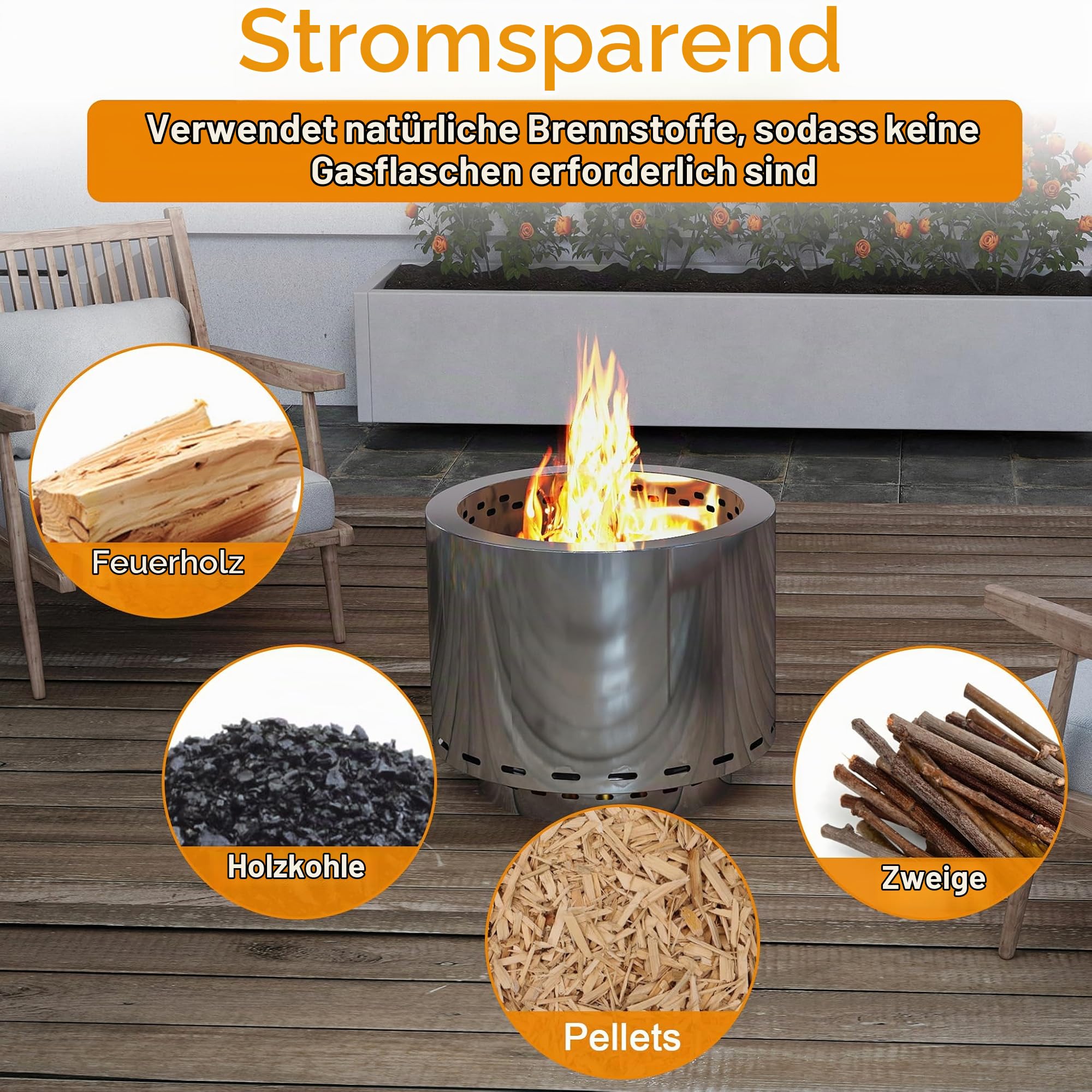 LZQ Feuerschale Edelstahl 49cm Raucharm Garten Feuerstelle Outdoor Kamin Holzofen Feuerkorb Gartenkamin Holzvergaser Ofen mit Tasche, Rund Feuertonne Campingkocher Tragbar Für Terrasse Camping BBQ