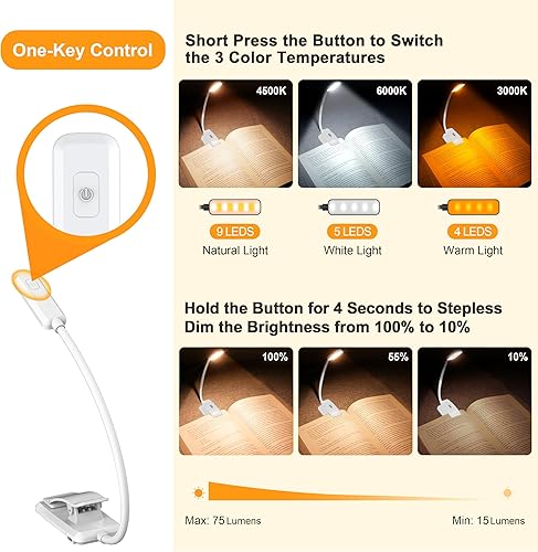 Vista 11 de Gritin Luz de libro recargable de 9 LED para leer en la cama, cuidado de los ojos, 3 temperaturas de color, brillo de atenuación continua, 80 horas
