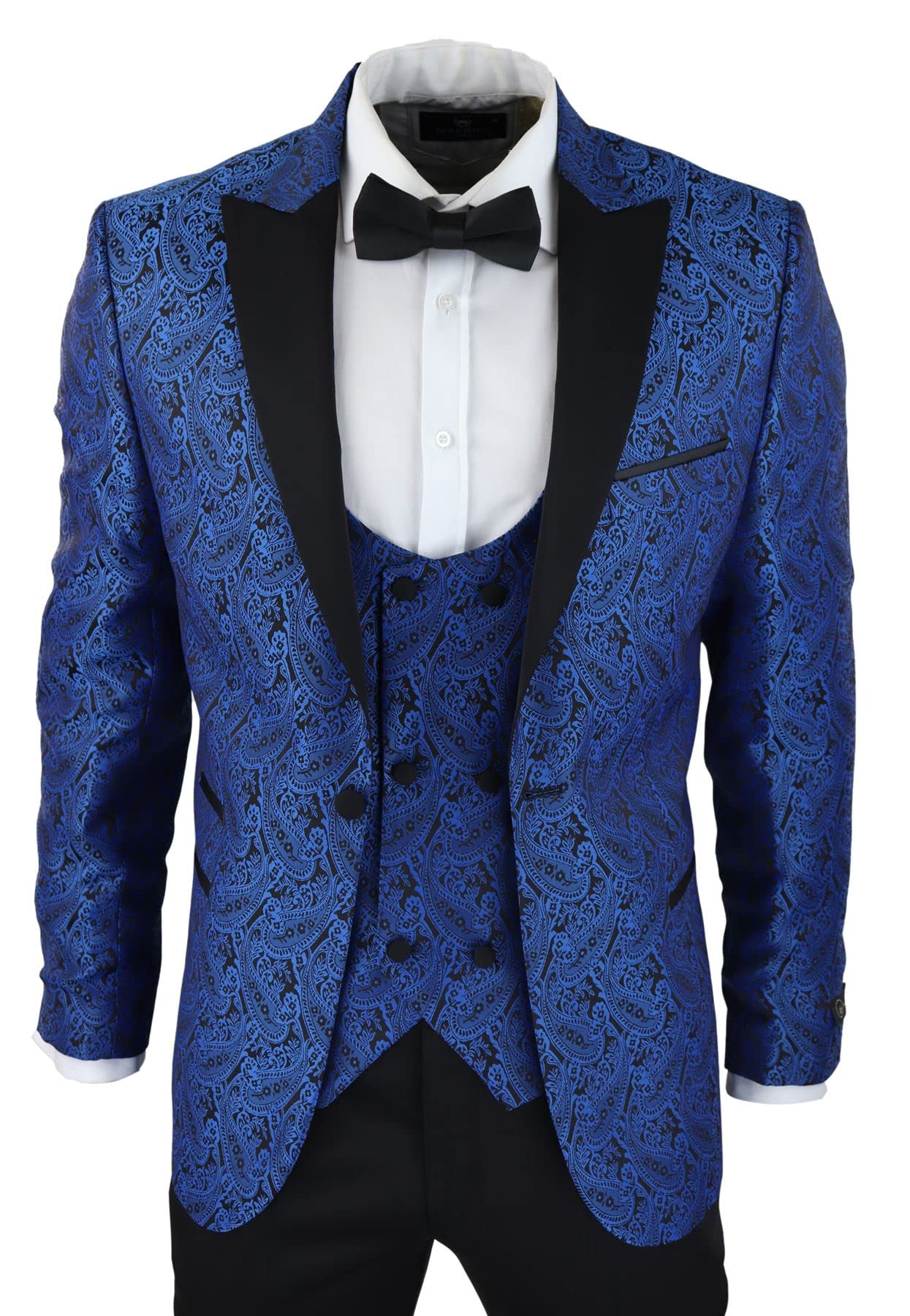 Truclothing Men's Blue Paisley Tuxedo Blazer And Waistcoat Brocade Dinner Jacket Satin Black - 48