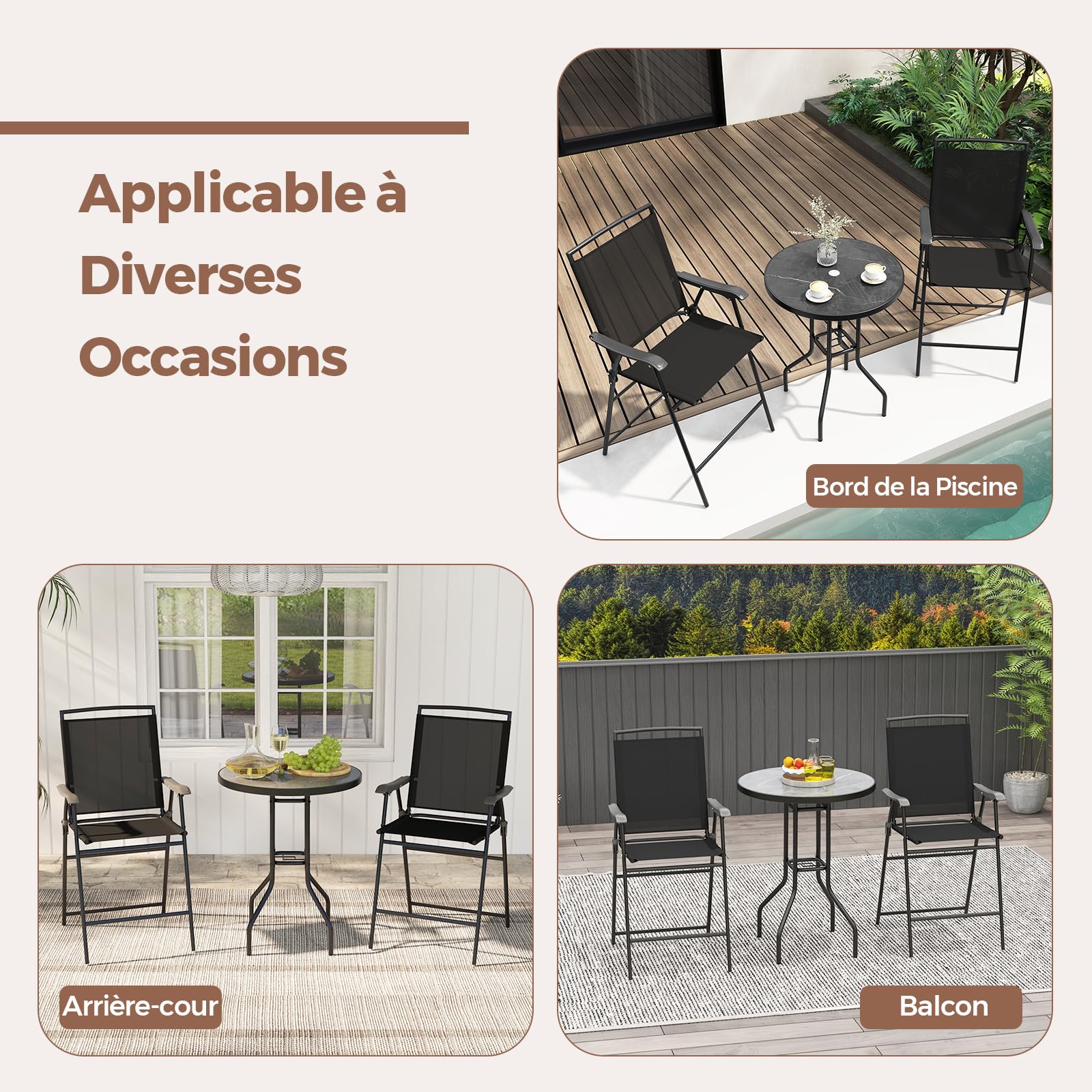 GIANTEX Ensemble Table et Chaise Bar, Mange Debout Extérieur 1 Table Haute en DPC 2 Chaises Bar Pliantes, Trou de Parasol de 42 mm, Ensemble Bistrot pour Jardin, Patio, Balcon, Noir