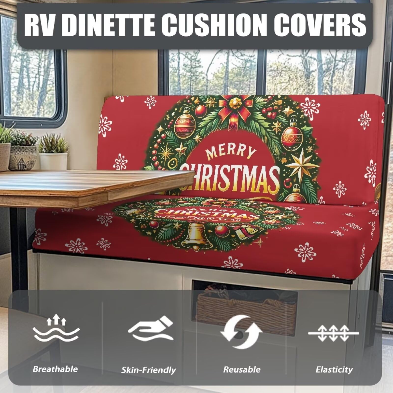 Tupalatus Christmas Bells RV Cushion Slipcover Stretchable RV Dinette Seat Covers Washable RV Sofa Furniture Protector for Loveseat or Futon
