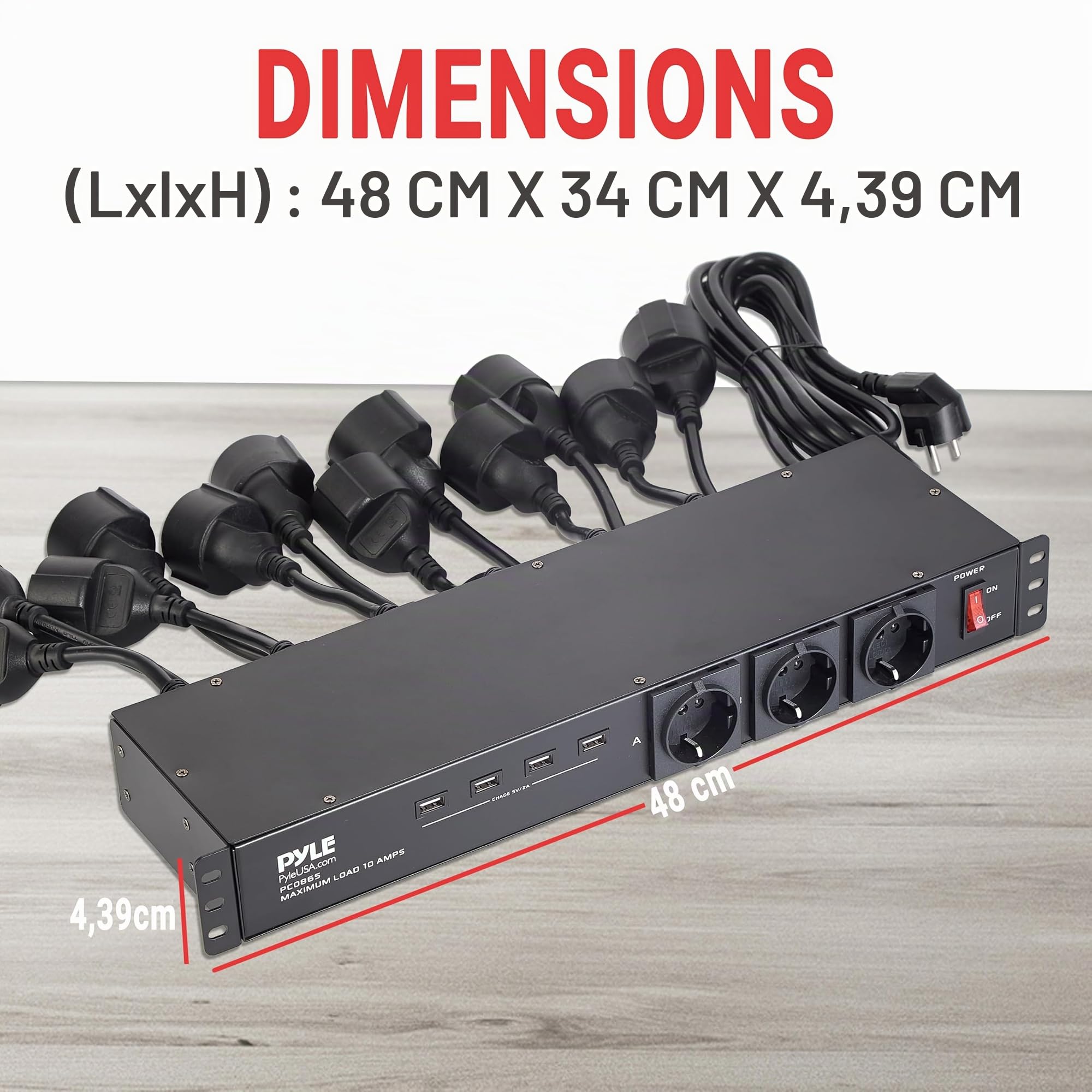 Pyle Multiprise Rack 1U 12 Prises – PDU avec 3 Prises Frontales, 4 Ports USB 5V/2A, Disjoncteur 15A, Câble 4,5 m, Boîtier Métal, pour Serveurs, Studio & Installation