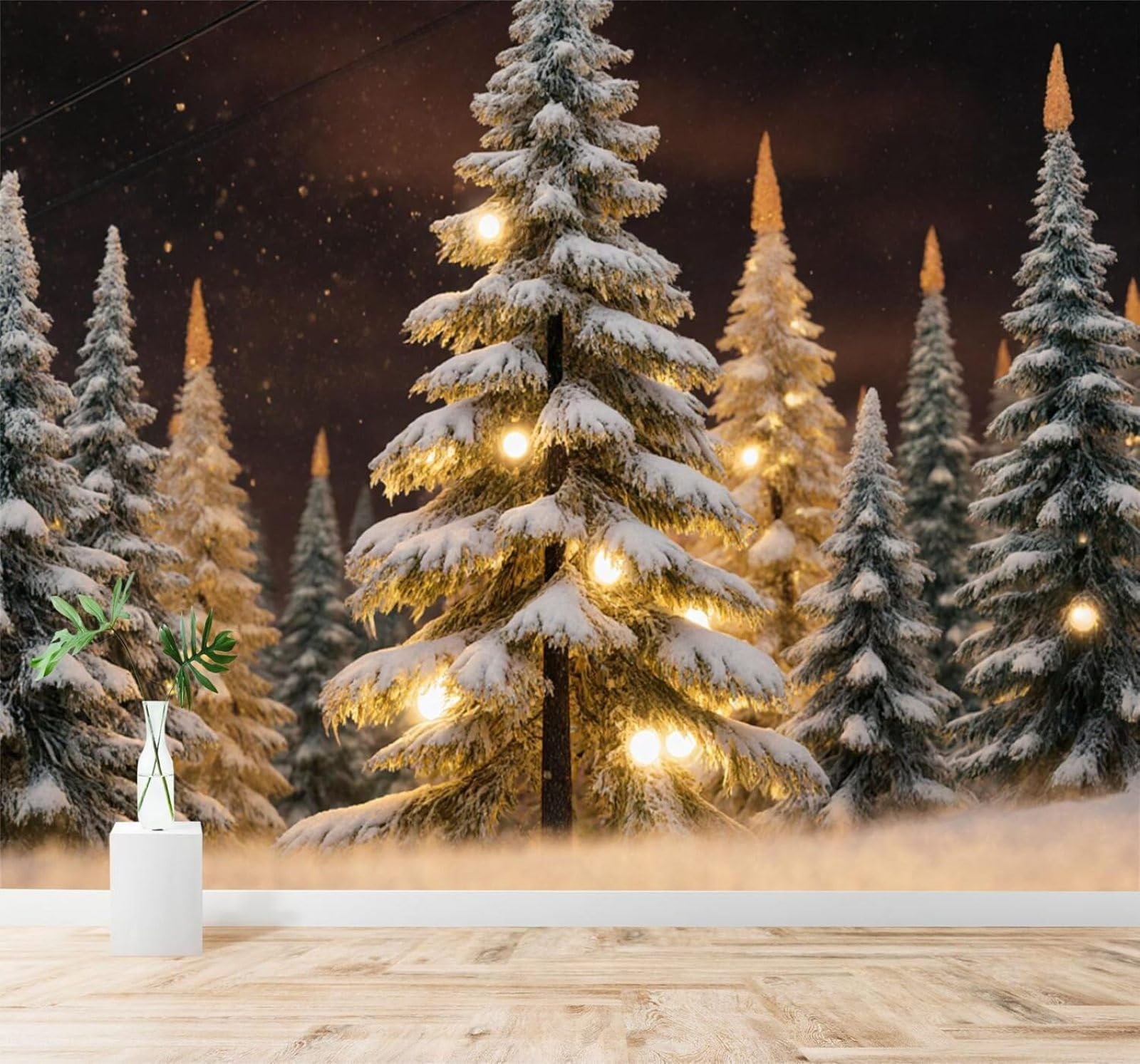 Tzxztt Beautiful Pine Forest Snow Scene Warm Lights Winter Night Sky Modern 3D Wallpaper Premium Textured Silk Neutral Tones Material Ideal for Living Room Bedroom-430cm×300cm