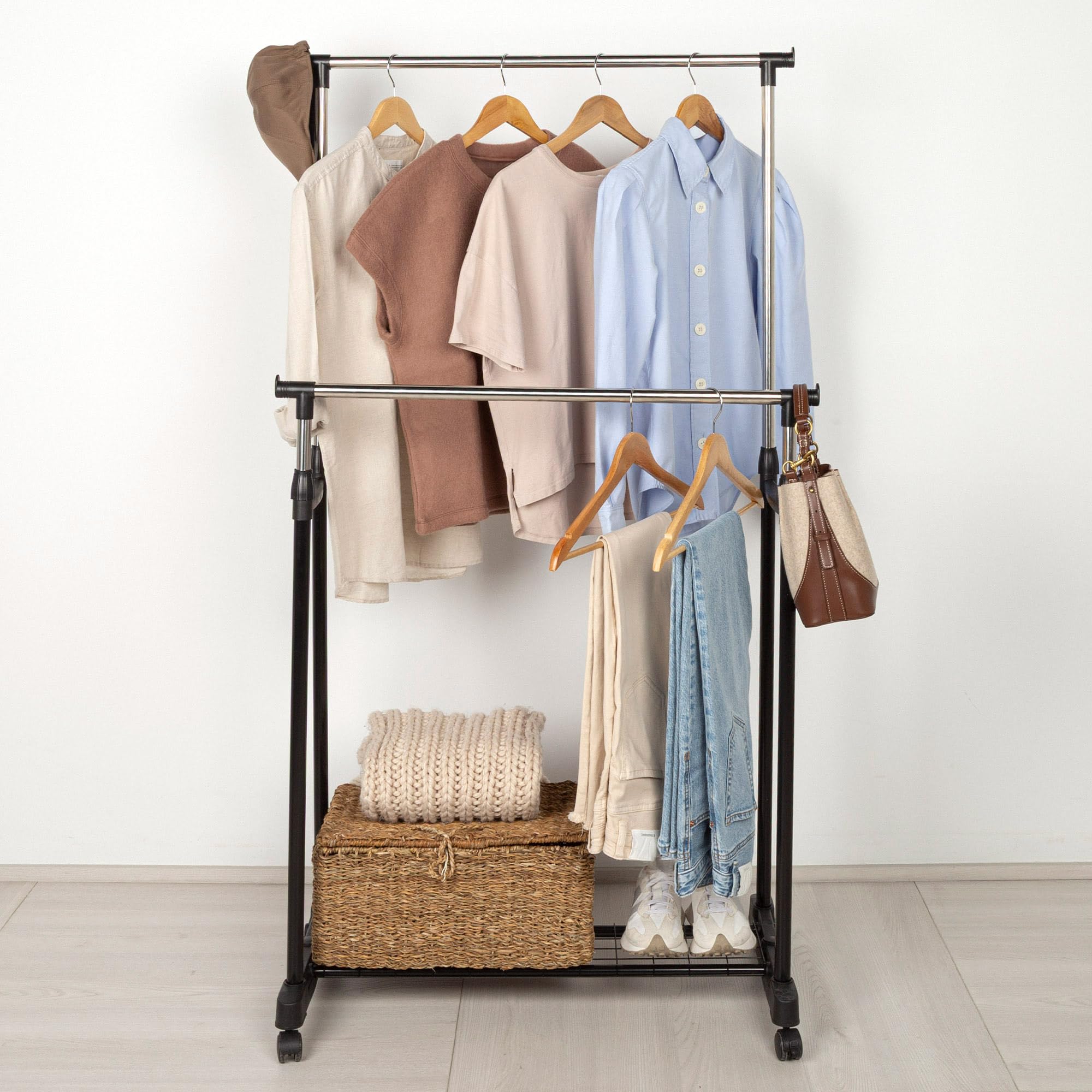 AKTIVE MAX Home Perchero de Ropa Altura Ajustable, 81x44x160 cm, Peso máximo soportado X, con balda para Zapatos, con Ruedas, Doble Barra, Moderno, Negro y Acero, Minimalista (18805)