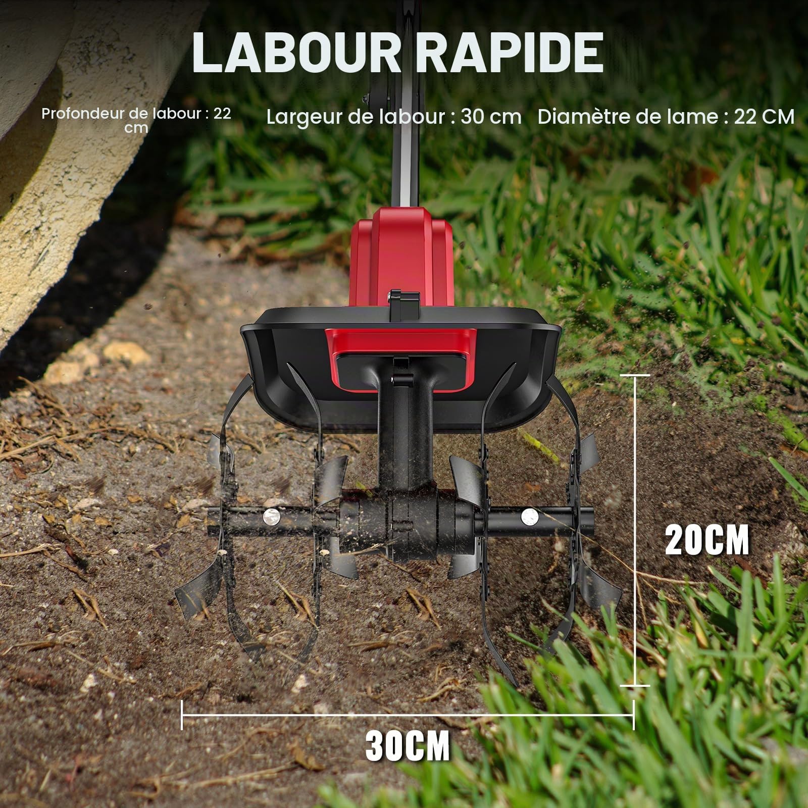 Motoculteur électrique à batterie pour Makita 21V, motobineuse de jardin 550W, profondeur de travail du sol 22cm, largeur de travail 30cm, 350 tr/min, motoculteur électrique avec 2 batteries, double