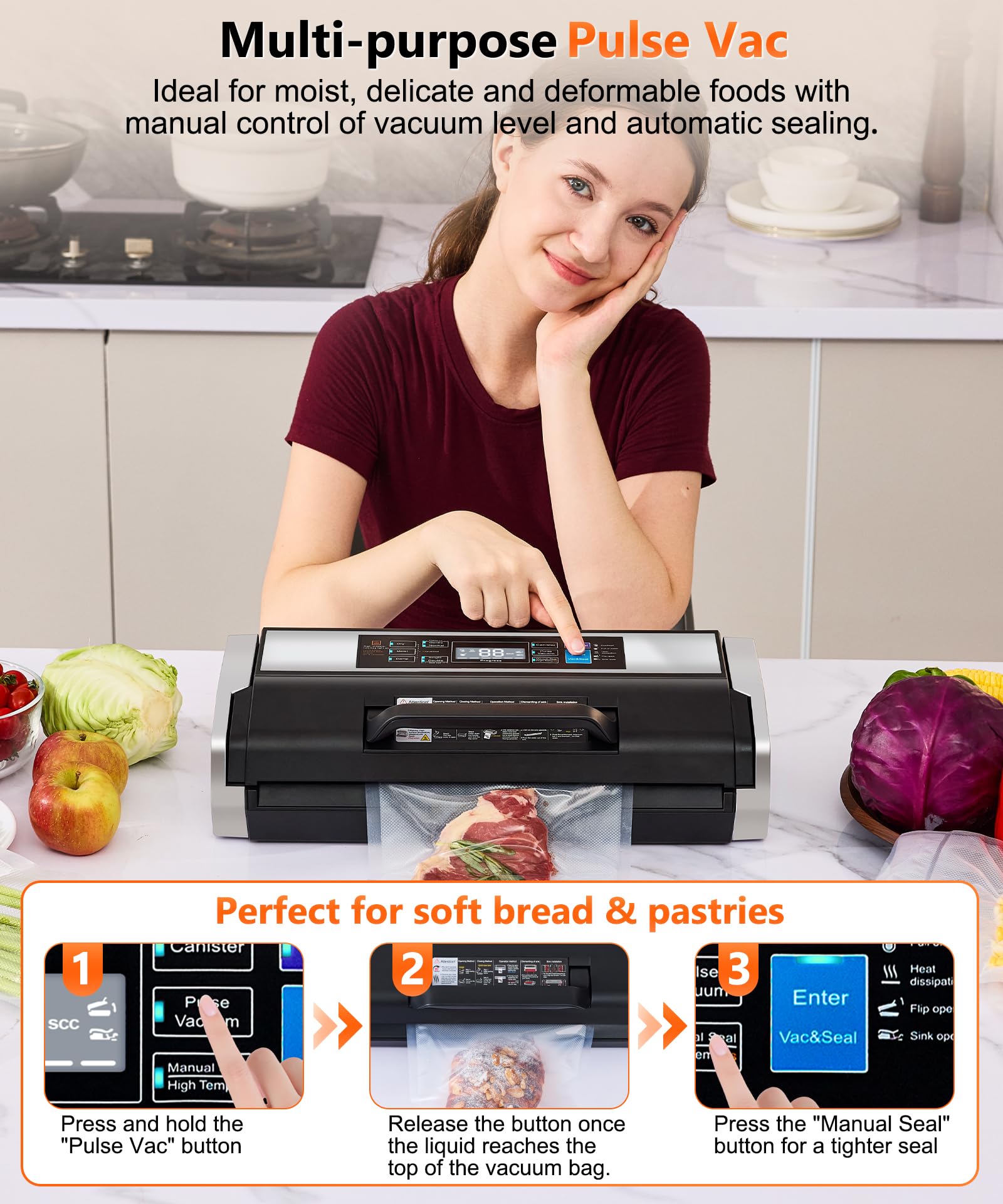 95KPa Vacuum Sealer Machine- Fully Automatic Commercial Food Sealer with 10-in-1 System, Double Heat Seal, Easy-Lock Handle & Built-in Cutter, Includes 1 Roll + 15 Bags (Black Silver) - 4