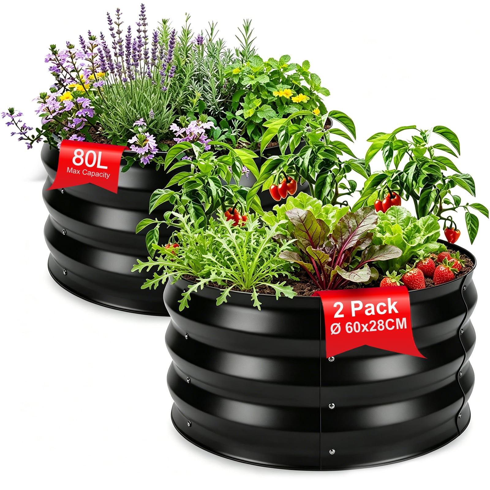 2er Innenhof Rund Hochbeet Metall,Wetterfest Hochbeete für Garten60x60x28cm | Rostbeständig Verzinkte Kleines Hochbeet,Bodenloser Pflanzring mit Gummikante,Kräuterbeet für Pflanzen Gemüse, Blumen