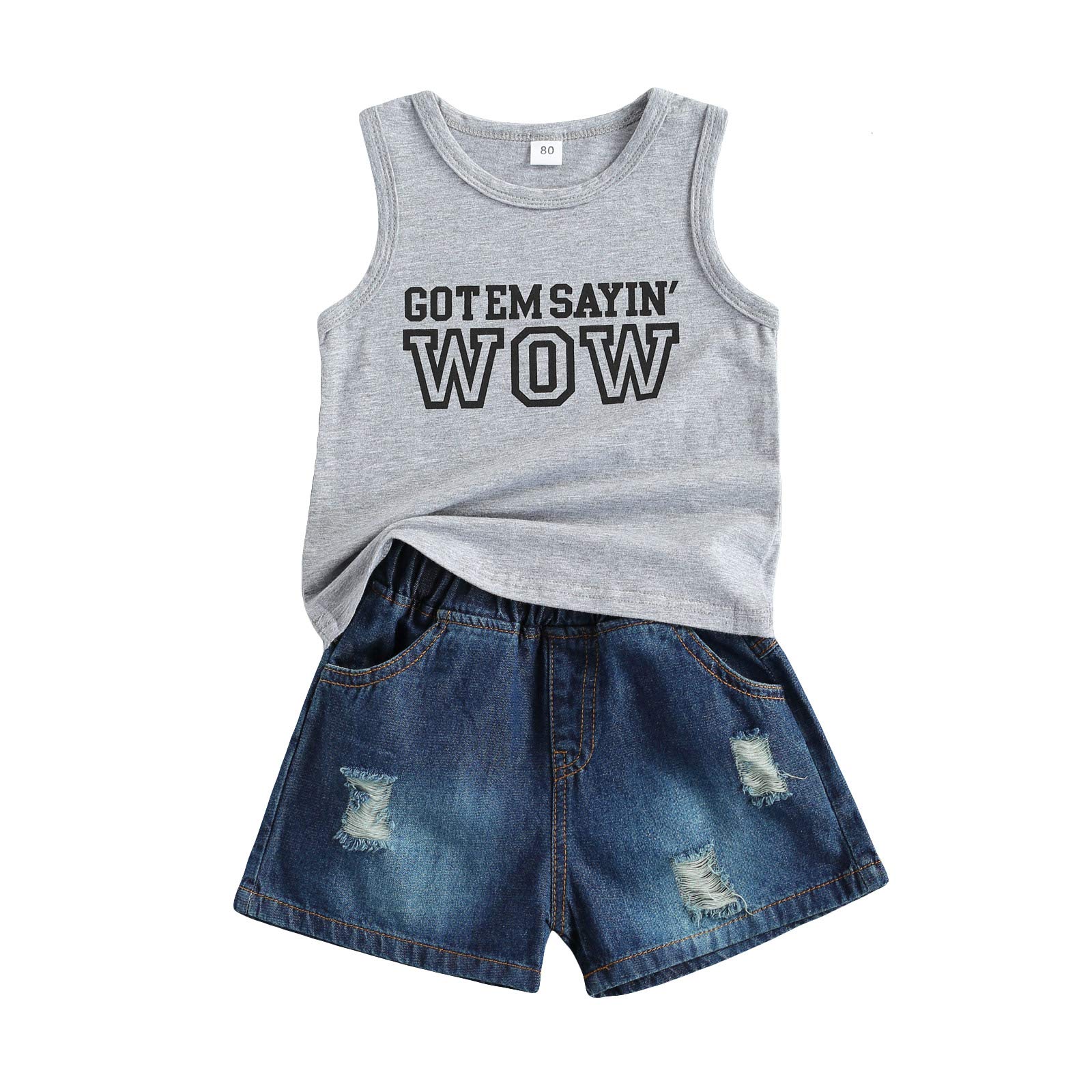 Rtnnsbbfcm Toddler Baby Boy Summer Clothes Sleeveless Letter Print Vest Top Ripped Jean Shorts 2Pcs Casual Outfit (A-Grey, 3_Years)