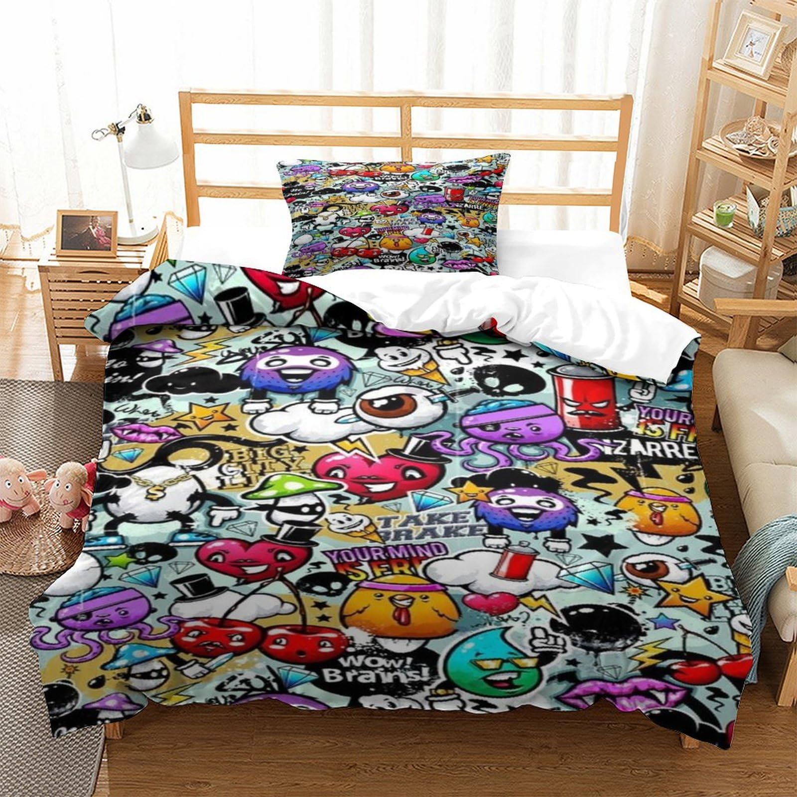 LILIlaobiao 3D Printed Pattern Graffiti Duvet Cover Set Breathable Doodles Bedding Set Comfortable Comforter Cover for Kids & Adults Washable Quilt Cover Set Single（135x200cm）