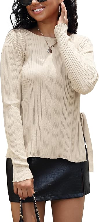 Rocorose Womens Long Sleeve Knit Tops Casual Side Tie Slit Ribbed Pullover Crewneck Sweater Shirts