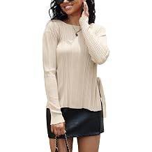 قمم متماسكة بأكمام طويلة من Rocorose للسيدات من نوع Casual Side Tie Slit Ribbed Pullover Crewneck Sweater