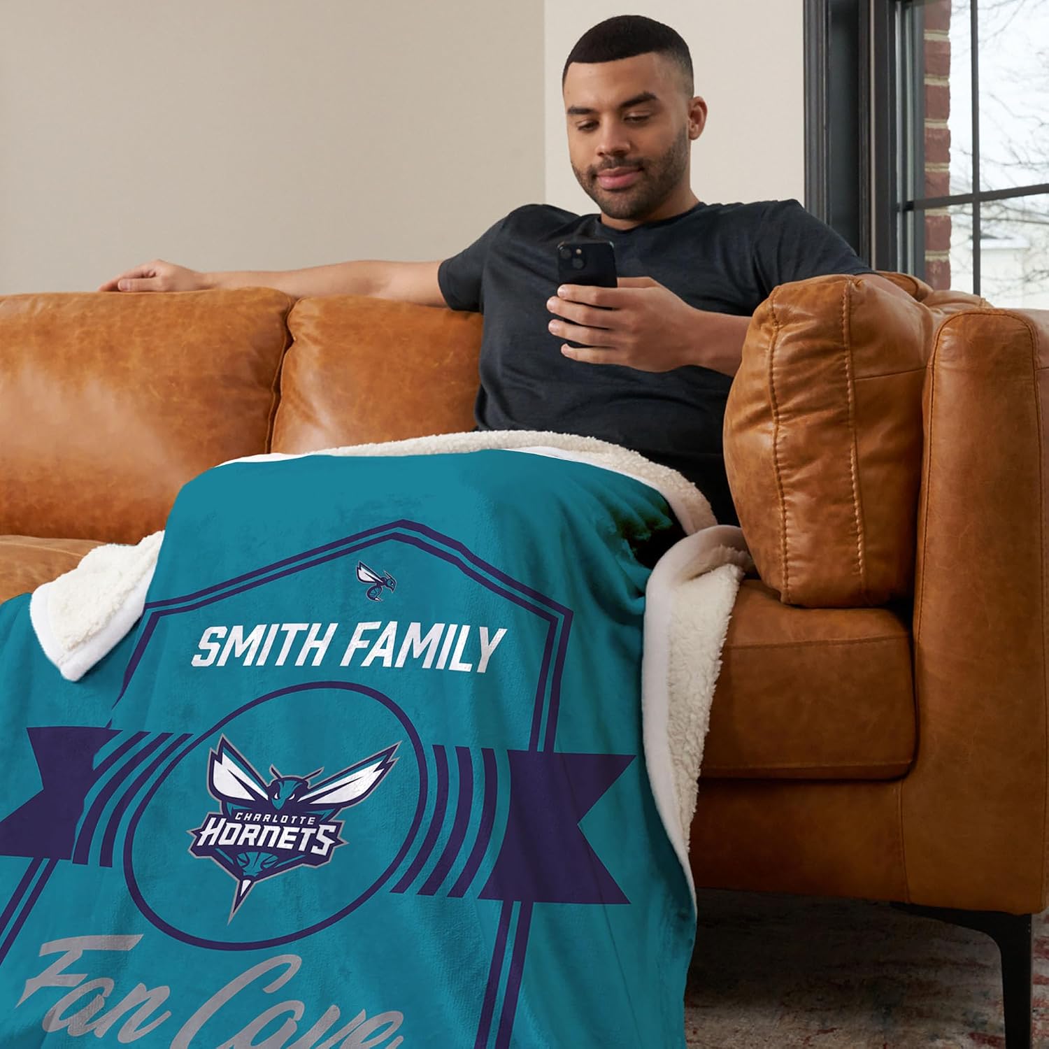 NORTHWEST NBA Charlotte Hornets, Dominion, Personalized Silk Touch Sherpa Throw Blanket, 50 x 60 Inches
