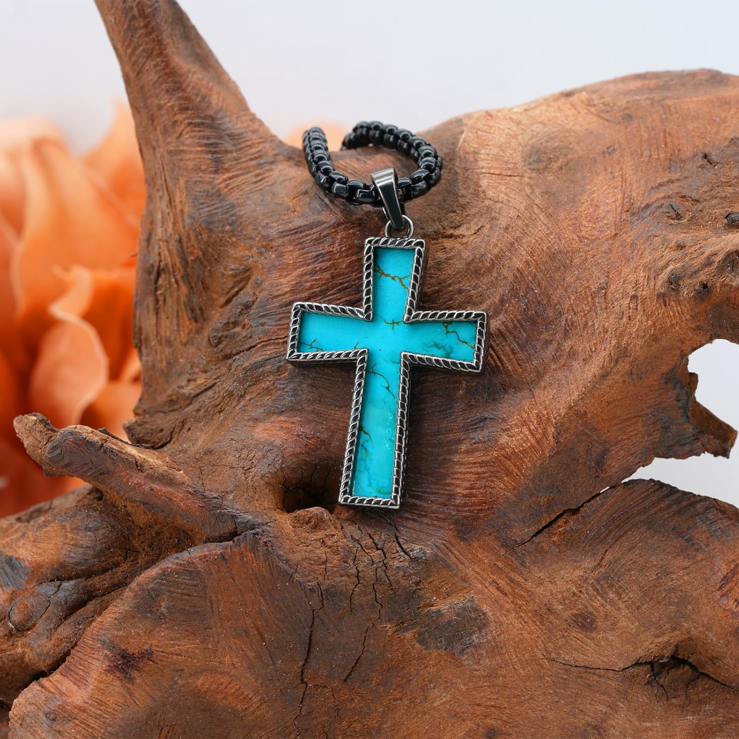 Genuine Turquoise Cross Necklace 925 Sterling Silver Turquoise Necklace Vintage Western Black Cross Turquoise Jewelry for Men - Image 3
