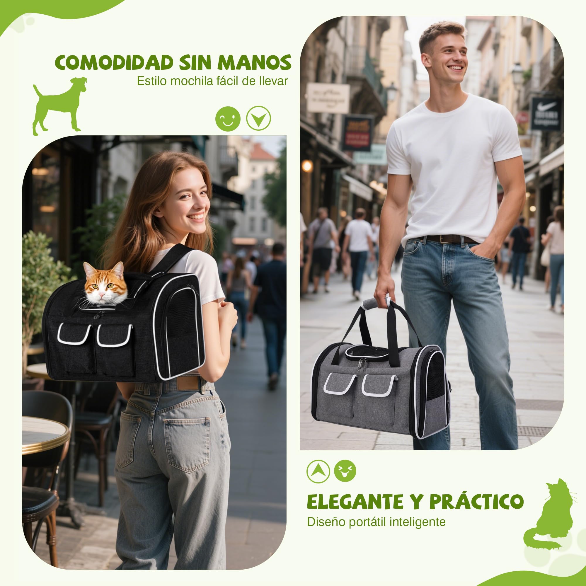 ALLSOPETS Mochila Plegable para Gatos Grandes y Perros Pequeños, Transportín Transpirable con Cojín Extraíble y Bolsillos, Mochila de Viaje para Mascotas hasta 10 kg (Negro Tinta, L)