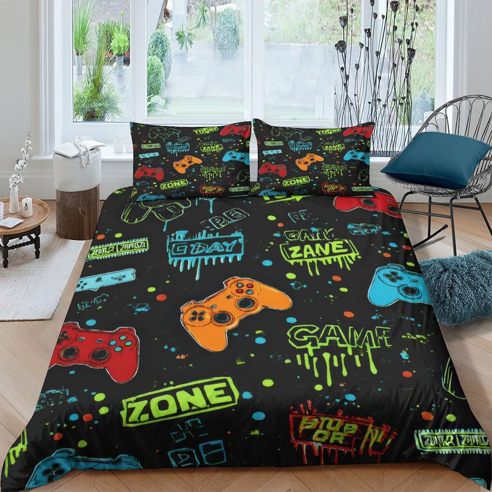 Ctjqhvkz Style-2 3D Printed Graffiti Gamepad Fitted Sheet Microfiber Soft Breathable Controller Mattress Cover For Bedroom Dorm Decor Single（135X200cm）