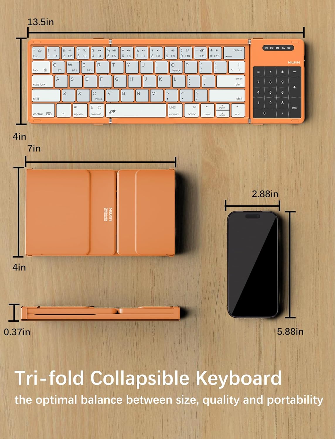 Nillkin Upgraded Foldable Bluetooth Keyboard with Touchpad & Number Pad, Portable Wireless Keyboard for Travel, Pocket-Sized, Full Size Keys, Support 3 Devices for iPad Laptop Tablets Phone, Orange