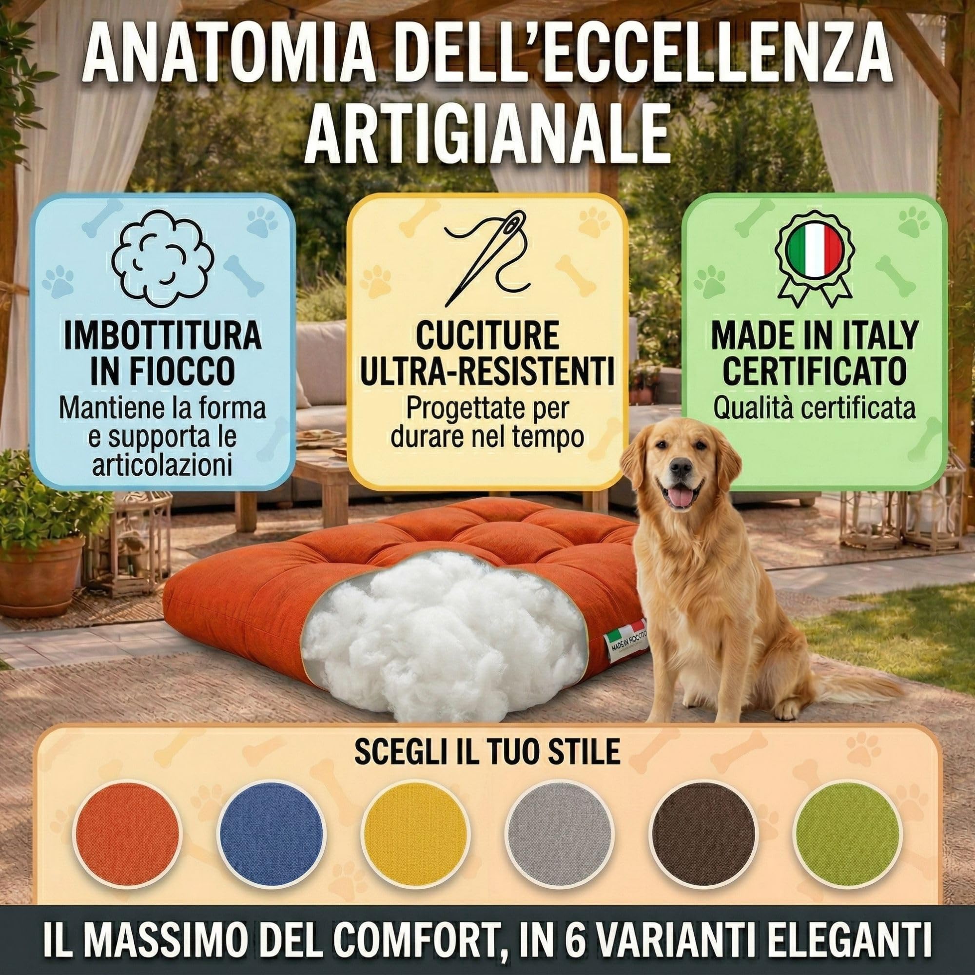 Cuscino per Cani Taglia Grande e Media Idrorepellente (105x70cm, h16cm) Cuccia Cane Interno Imbottita in Fiocco di Poliestere, Lavabile Made in Italy (Verde)