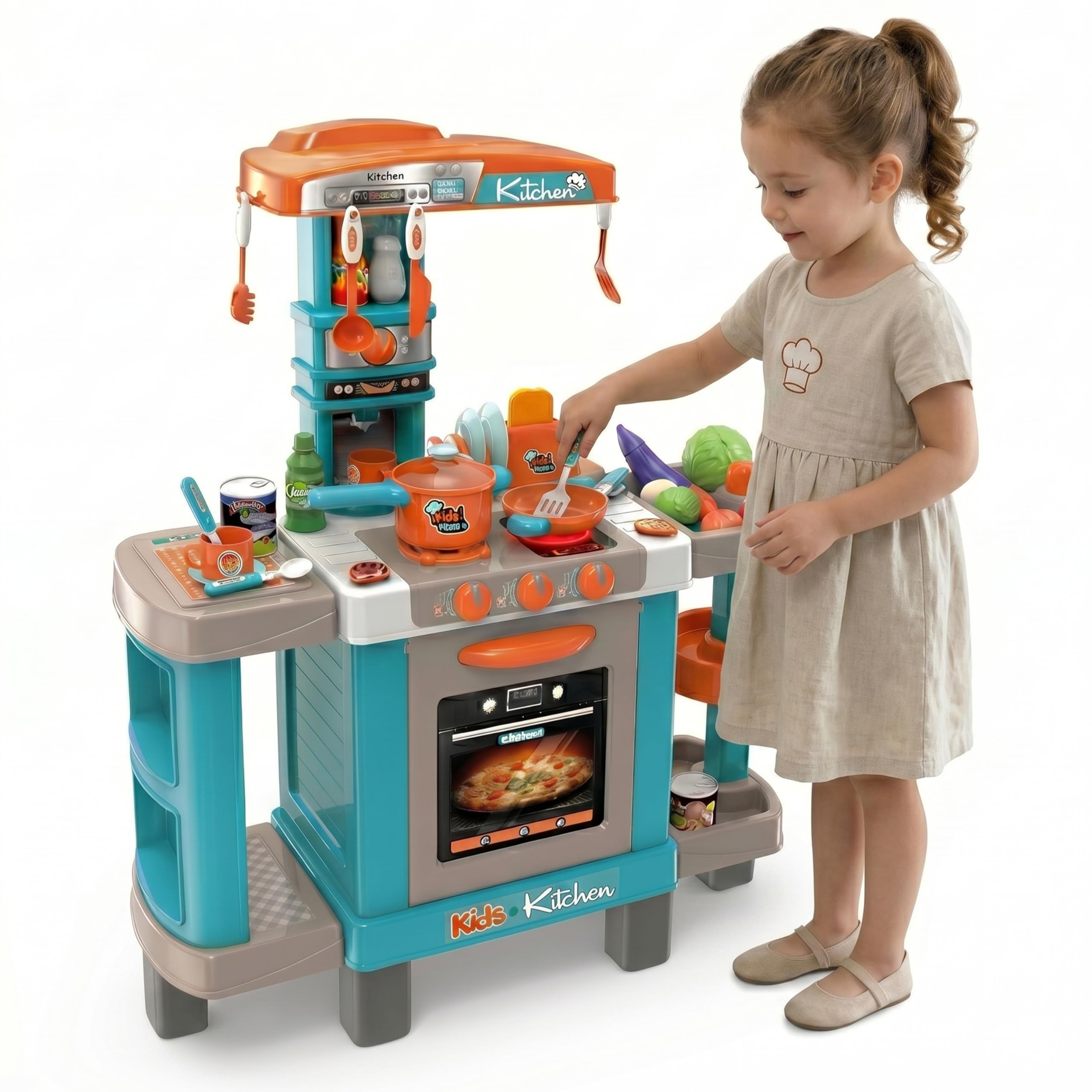 The Magic Toy Shop Kids Play Kitchen Set with Accessories - Induction Hob, Sink & Pretend Appliances, Sounds & Lights - Educational Role Play Toy Kitchen for Toddlers, Boys & Girls