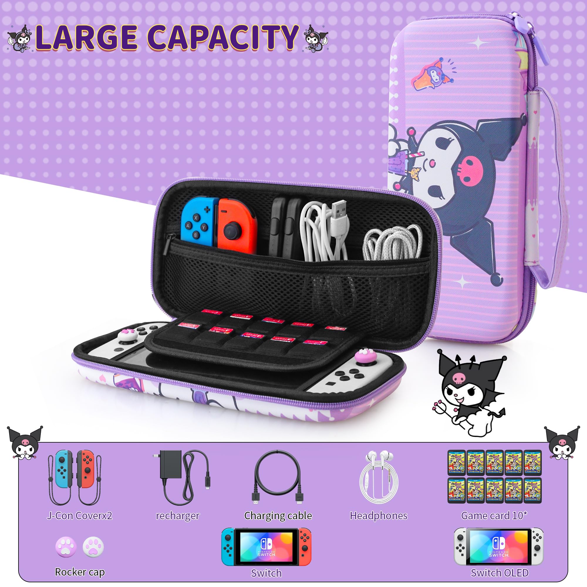 HYPERCASE Fioletowa torba podróżna z przełącznikiem NS/OLED, urocza twarda obudowa na konsolę NS/OLED, uchwyt Joycon, przechowywanie akcesoriów, z 10 przegródkami na karty i 2 nasadkami na kciuki -