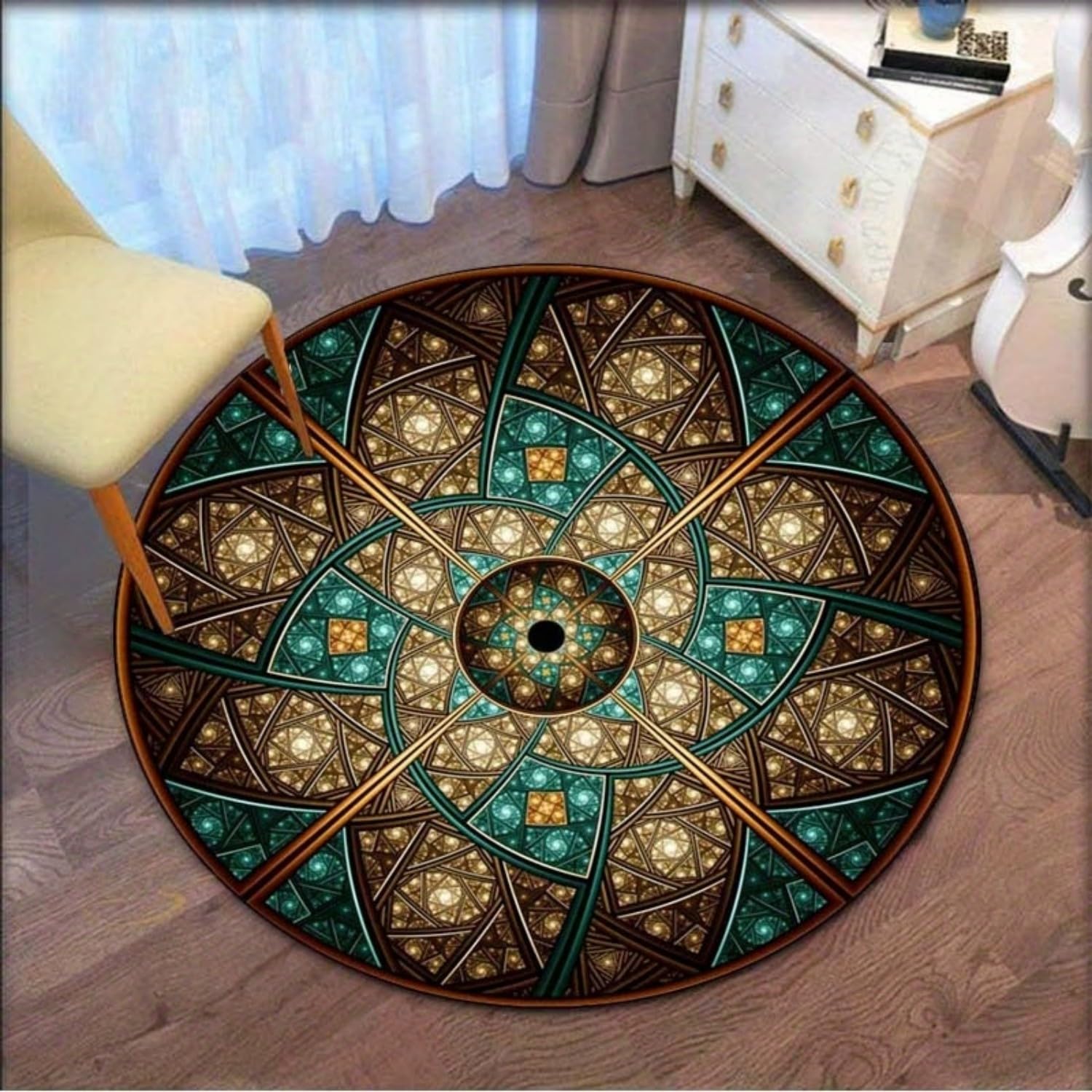 USHIRUG Round Area Rug,180cm Mandala Brown And Green Abstract Geometric Washable Circle Rugs, 3D Optical Illusion Art Decor Mat, Soft and Non-Slip Carpet for Living Room and BedroomCoffee Table