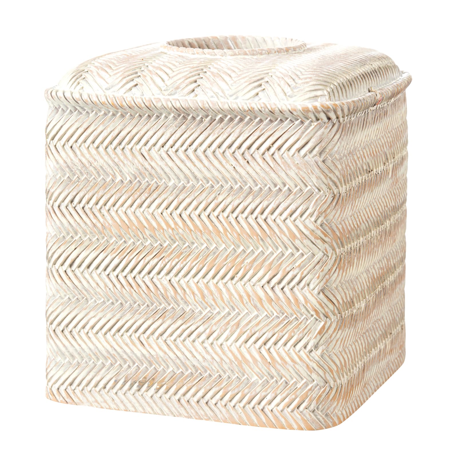 Tissue Box Cover Square Resin Tissue Holder for Home Decor,Hand Carved Wicker Tissue Box Holder,5.3 x 5.3 x 5.9 inches, Farmhouse White