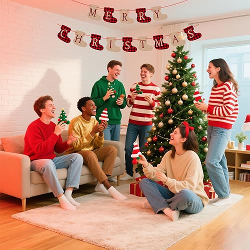 Miniatura 6 de Cartel de Feliz Navidad, decoraciones navideñas preencordadas de búfalo a cuadros, decoraciones navideñas con forma de calcetín, letrero de Feliz