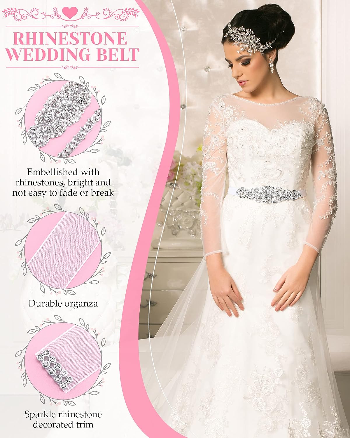 SATINIOR 2 Pieces Rhinestone Bridal Wedding Dress Sash Belt Crystal Diamond Ribbon Wedding Belts for Bridesmaid Dress (White)