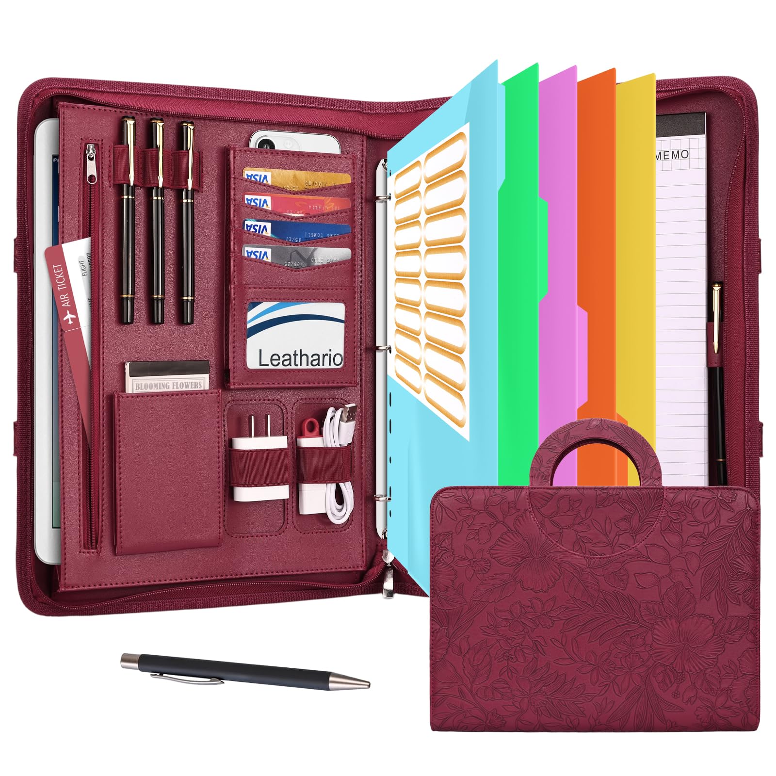 Leathario Portfolio Binder, Includes 5 Folder Index Dividers, 13 Inch Tablets Organizer with Handle, Vegan Leather A4 Padfolio, Multi-Pocket Notepad Business Planner Professional Document
