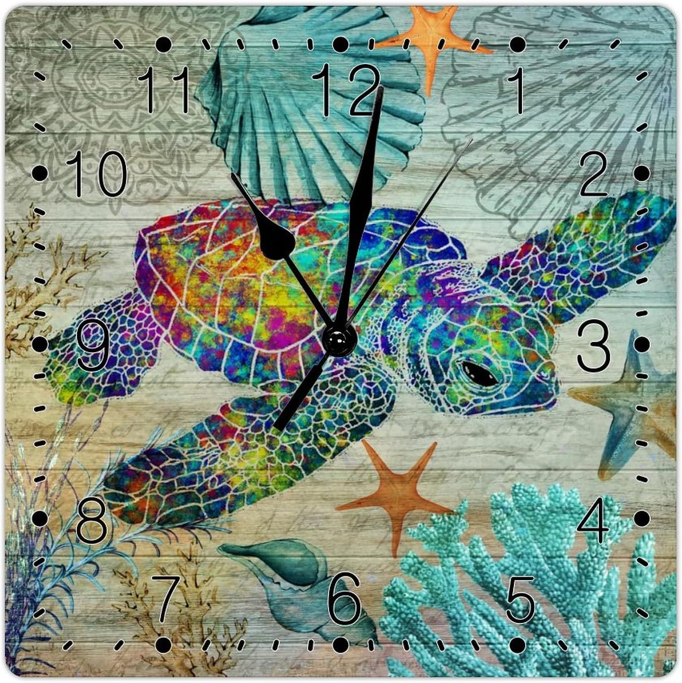 Beach House 12inch Wooden Decorative Wall Clock Beach Theme Ocean Lobster Square Clock Farmhouse Sea Turtle Wooden Decorative Clocks Silent Battery Operated Wall Clocks for Laundry Room Bedroom