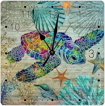 Beach Theme Ocean Colorful Sea Turtle Art Clocks Silent Non-Ticking Battery Wall Clock Coastal Tuscan Country Style Wooden Clock Starfish Square Wall Clock for Kitchen Bedroom Office 10inch
