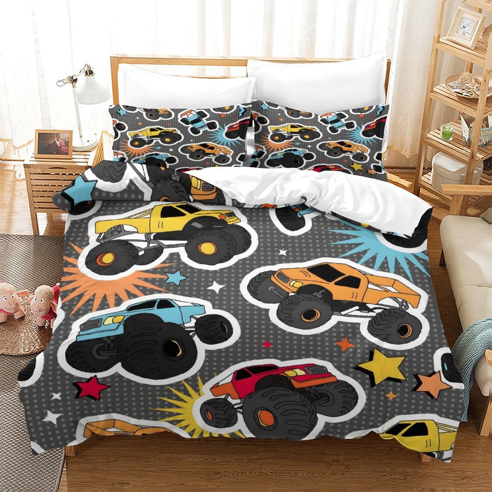 LIAOHENKAN Colorful Monster Truck Comforter Set Full Size for Teens Boys Girls 3Pcs Ultra Soft Bedding with Zipper Closure 3D Quilt Set Duvet Cover Set Breathable Room Decor Single（140x200cm）