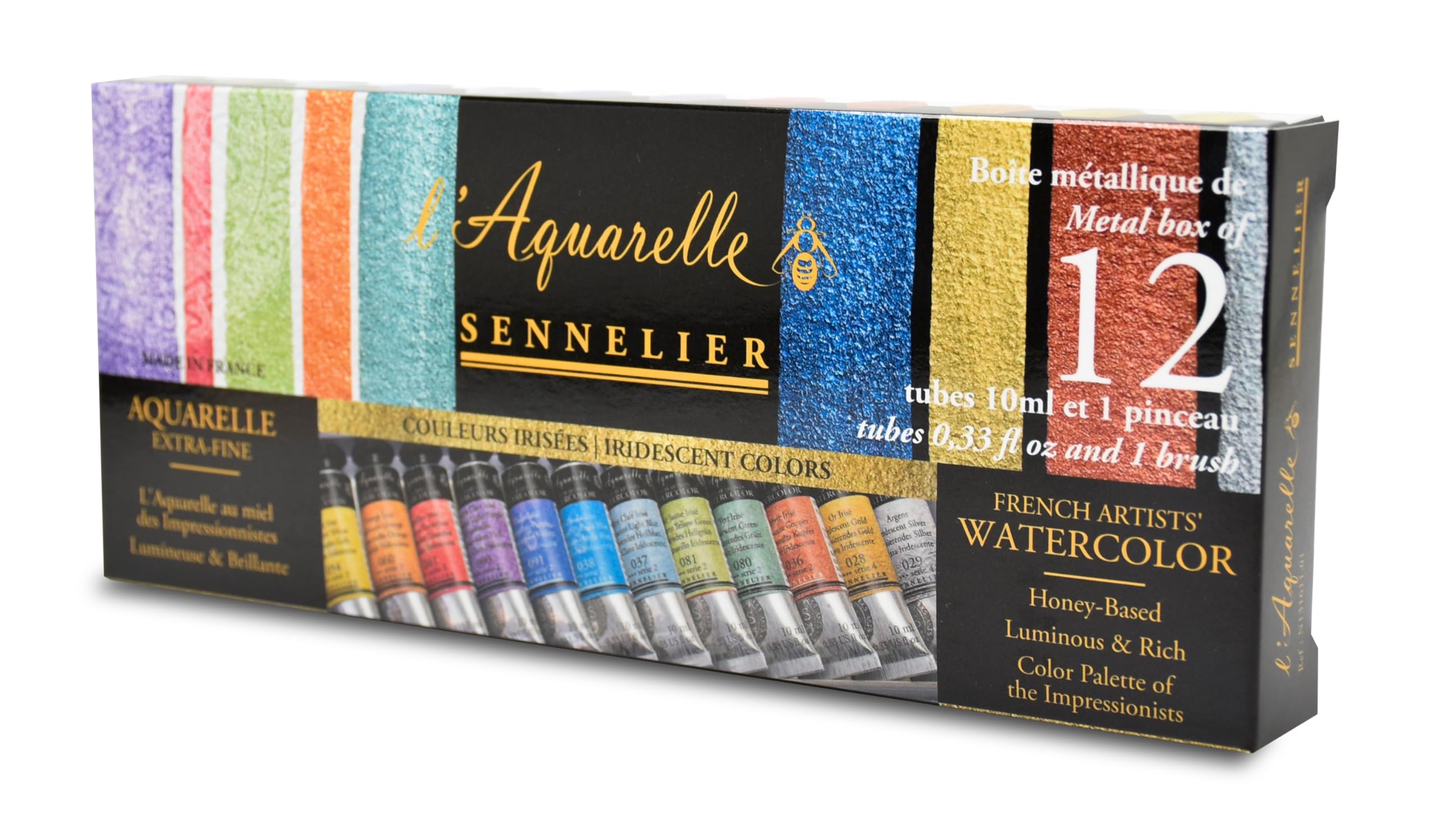 Sennelier Aquarellfarben-Set, extrafines, irisierendes Fines, Metalldose, 12 Farben x 10 ml, mit 2 Pinsel