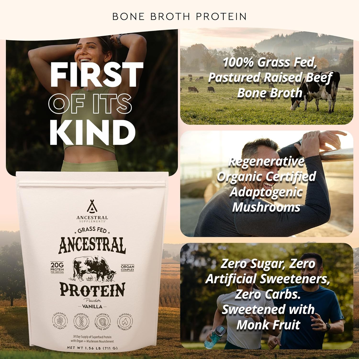 Ancestral Supplements Grass Fed Protein Powder, Vanilla, Beef Bone Broth Based with Beef Organs & Organic Mushrooms, Gut Health Support, High Protein Supplement, 20g Protein Per Serving, 30 Day Supply