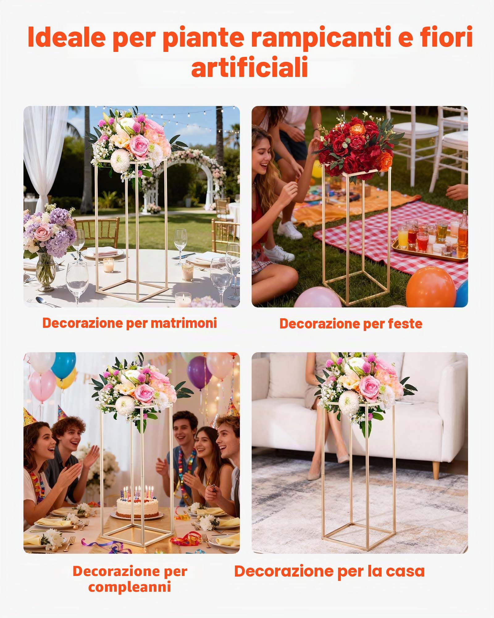 VEVOR Supporto per Fiori da Matrimonio 10 Pezzi da 80 cm, Supporto per Fiori con Vite Nascosta, Espositore Floreale Cubico Rettangolare per Matrimoni, Feste, Compleanni, Casa, Oro Francese