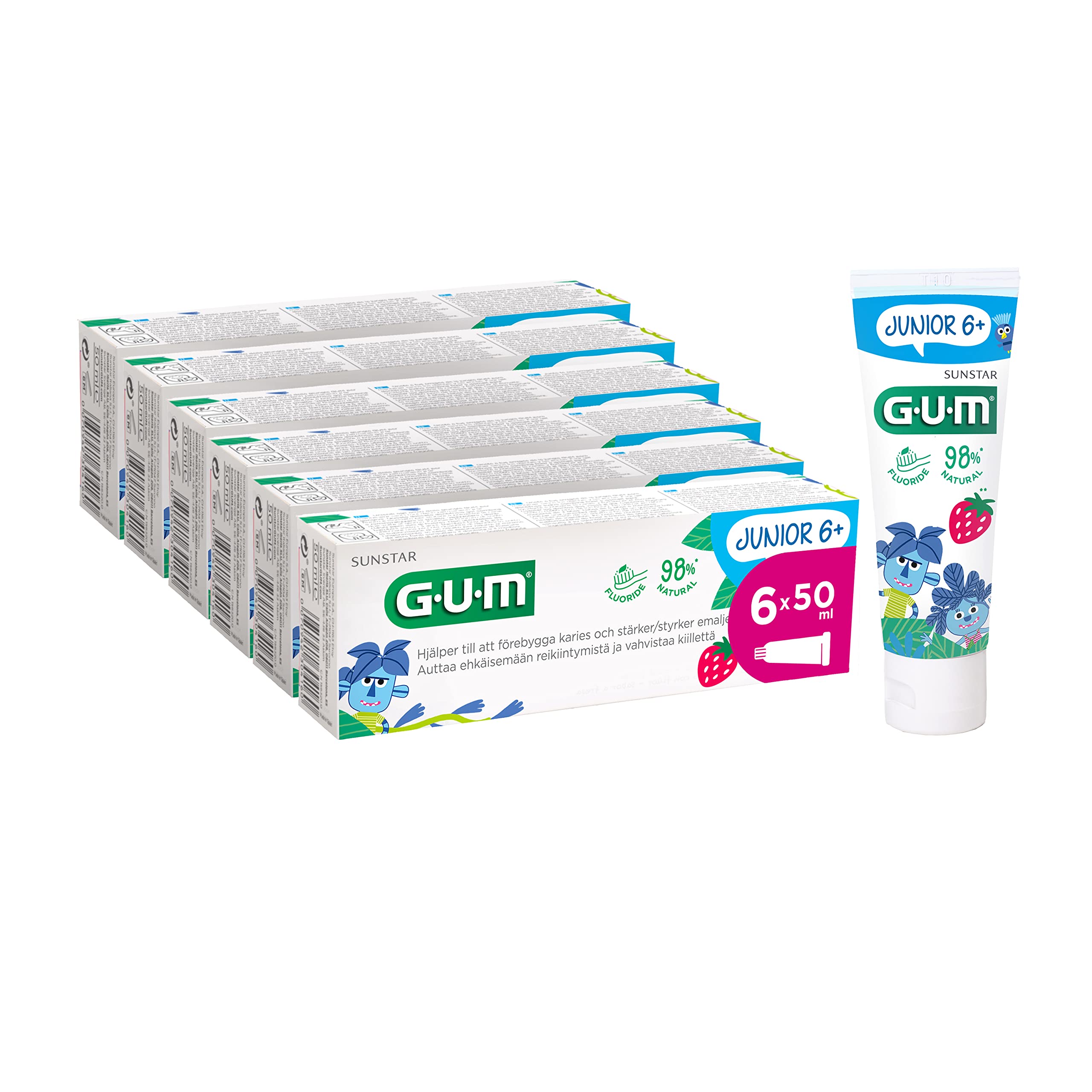 Spazzolino GUM® JUNIOR | progettato appositamente per i nuovi denti permanenti | per bambini 6+ | sapore di fragola | 50ml | 6 x 50